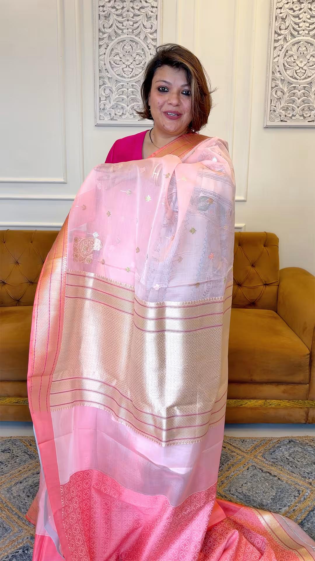 Handloom Pure Kora Silk Banarasi saree in Peach Pink 2 - Peach Pink Kora Silk saree