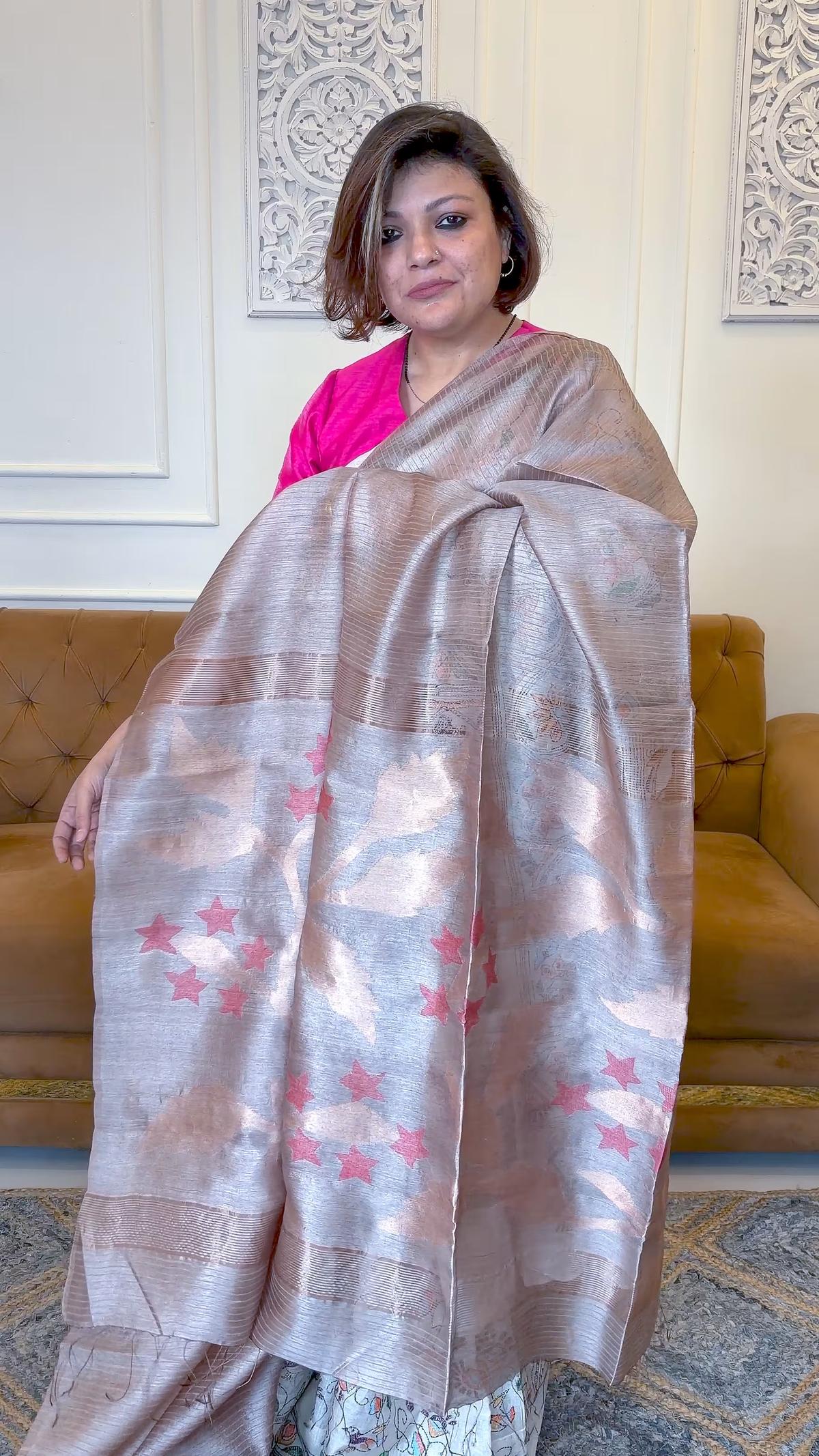 Handloom Pure Muslin silk Jamdani with Mooga Silk Stripes in Mocha view 1 - Mocha Muslin silk saree