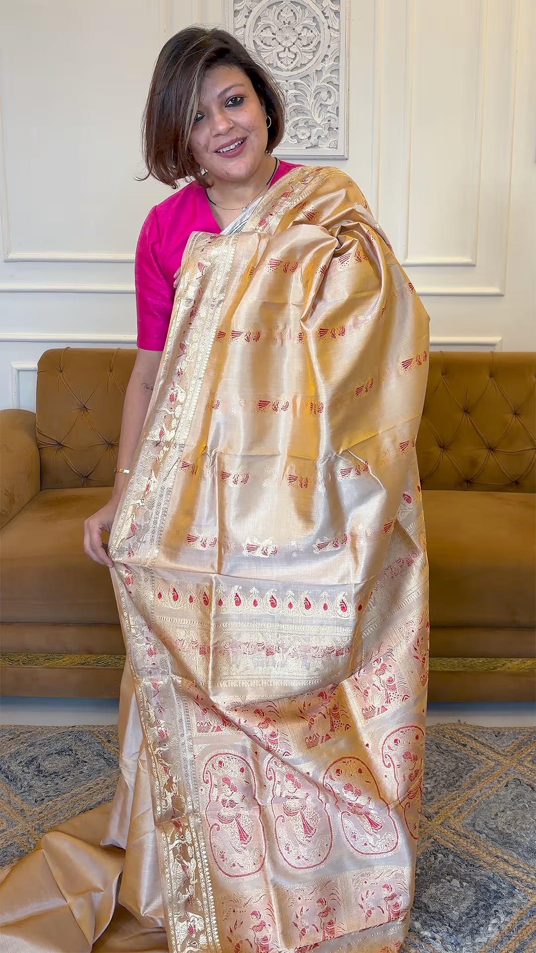 Handloom Swarnachari in Pure Katan Silk in Golden-Champagne - handcrafted saree from Handloom Katan Silk collection