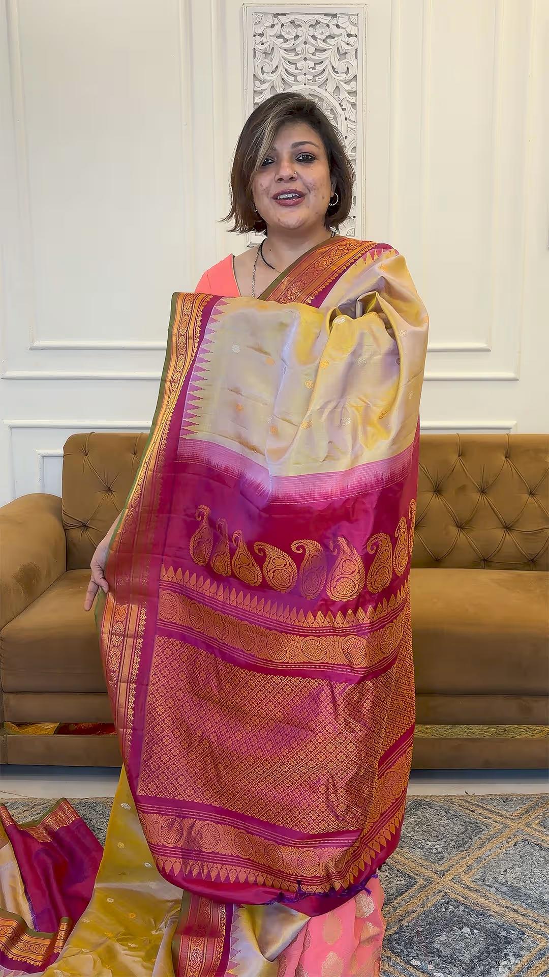 Handloom Pure Silk Gadwal in Muted Sage Green with Golden and Beige Undertones - handcrafted saree from Handloom Pure Silk Gadwal collection