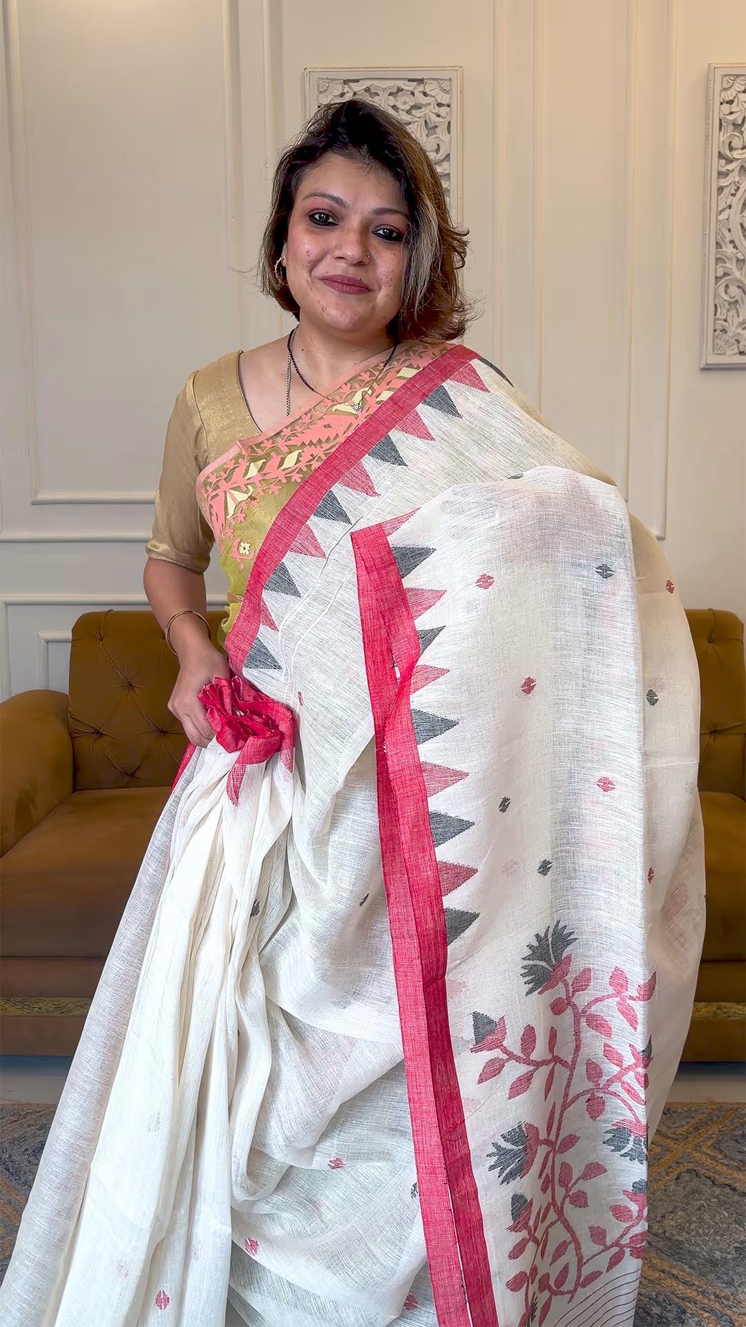 Handloom Pure Linen by Linen Jamdani in Off White  - Yarn Dyed Saree  2 - Off White Pure Linen by Linen saree