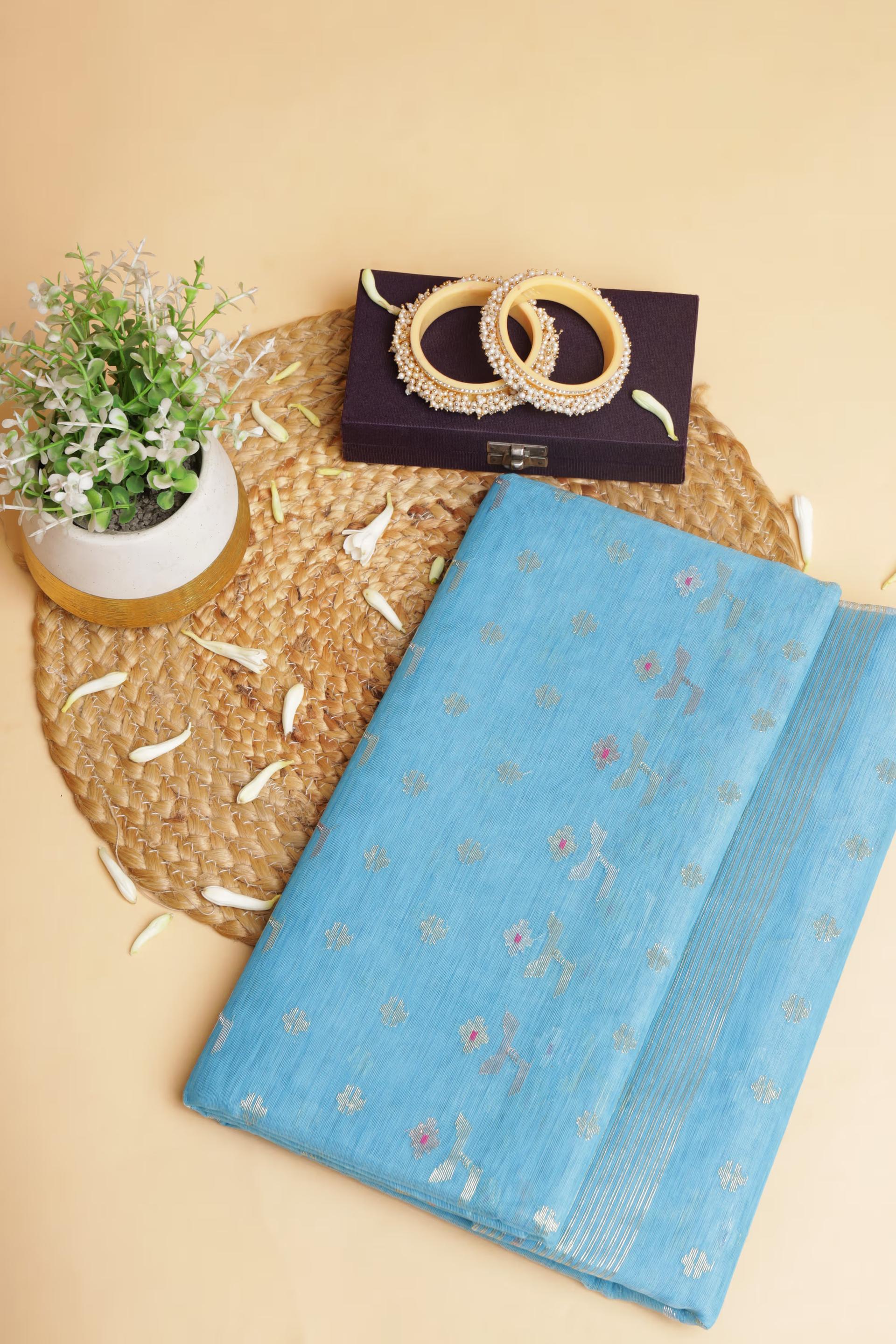 Handloom Dhakai Jamdani saree in sky blue 3 - Sky Blue Jamdani silk saree