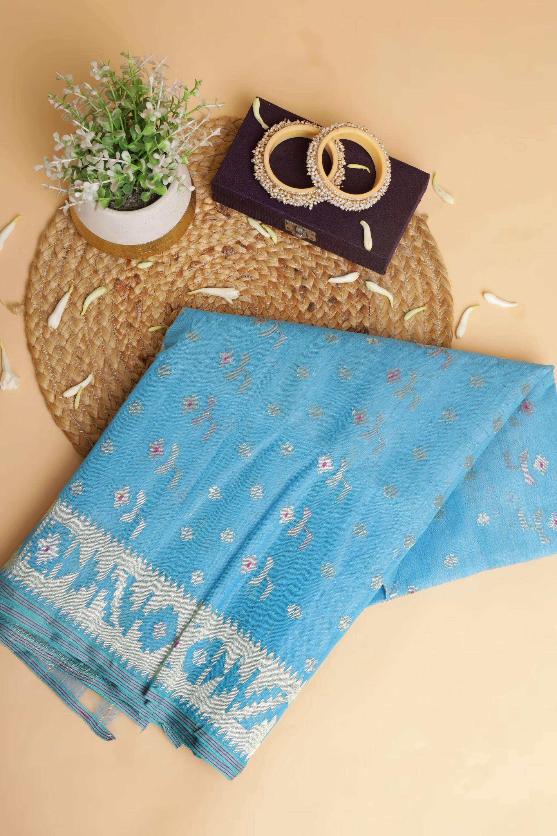 Handloom Dhakai Jamdani saree in sky blue 2 - Sky Blue Jamdani silk saree