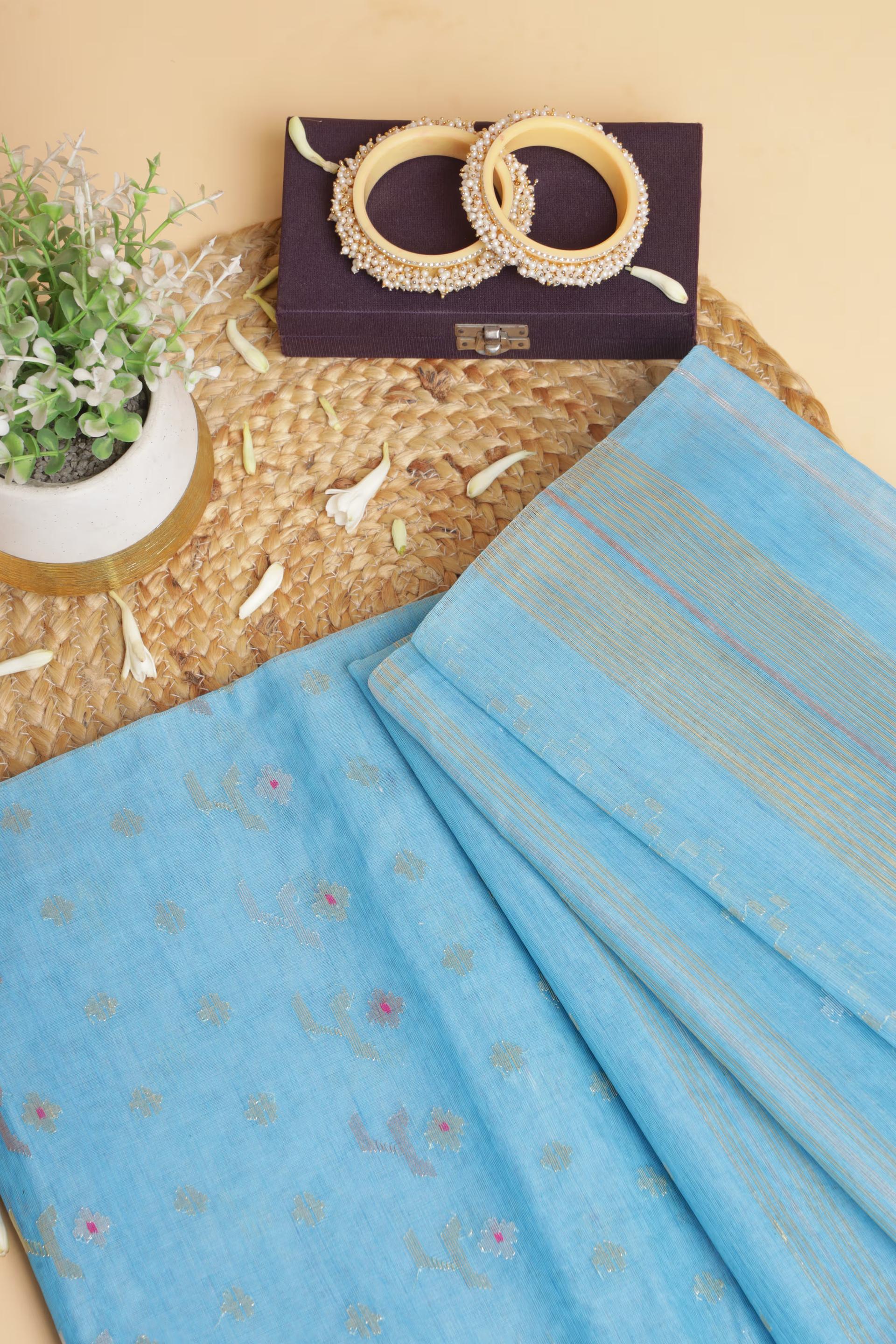 Handloom Dhakai Jamdani saree in sky blue 5 - Sky Blue Jamdani silk saree