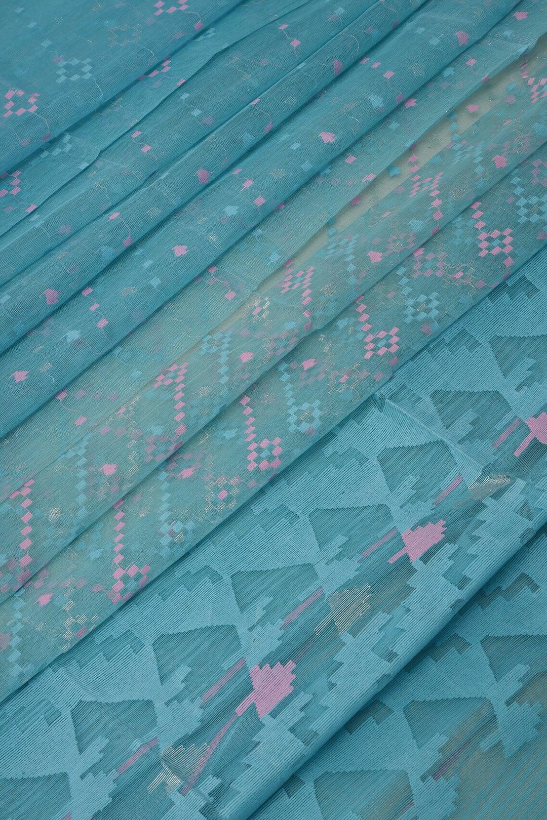 Handloom Dhakai Jamdani saree in sky blue and pink - Blouse Piece not included 6 - Sky Blue Pure Cotton saree