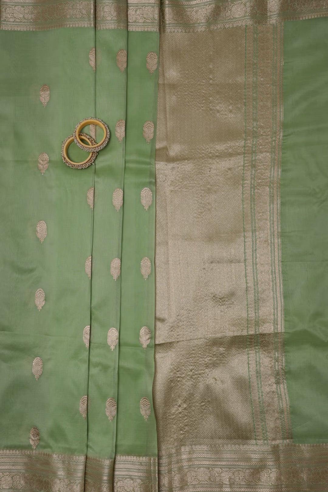 Handloom Kora banarasi saree in Pista Geen 4 - Pista Green Kora saree