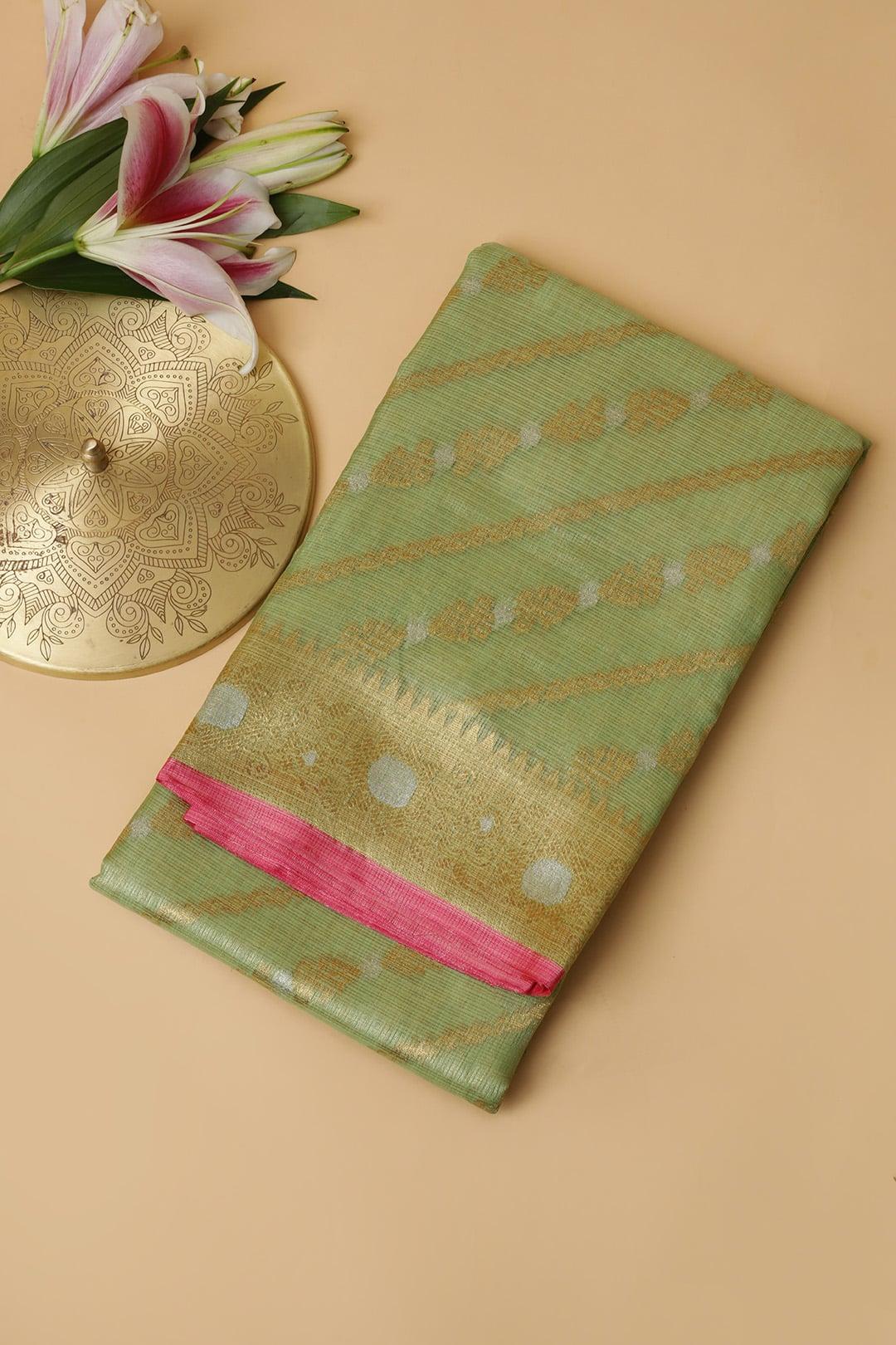 Semi Chanderi in Green and pink gold zari view 2 - Green and Pink gold zari Semi Chanderi saree