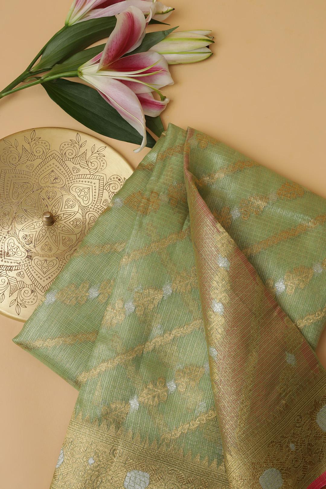 Semi Chanderi in Green and pink gold zari view 6 - Green and Pink gold zari Semi Chanderi saree