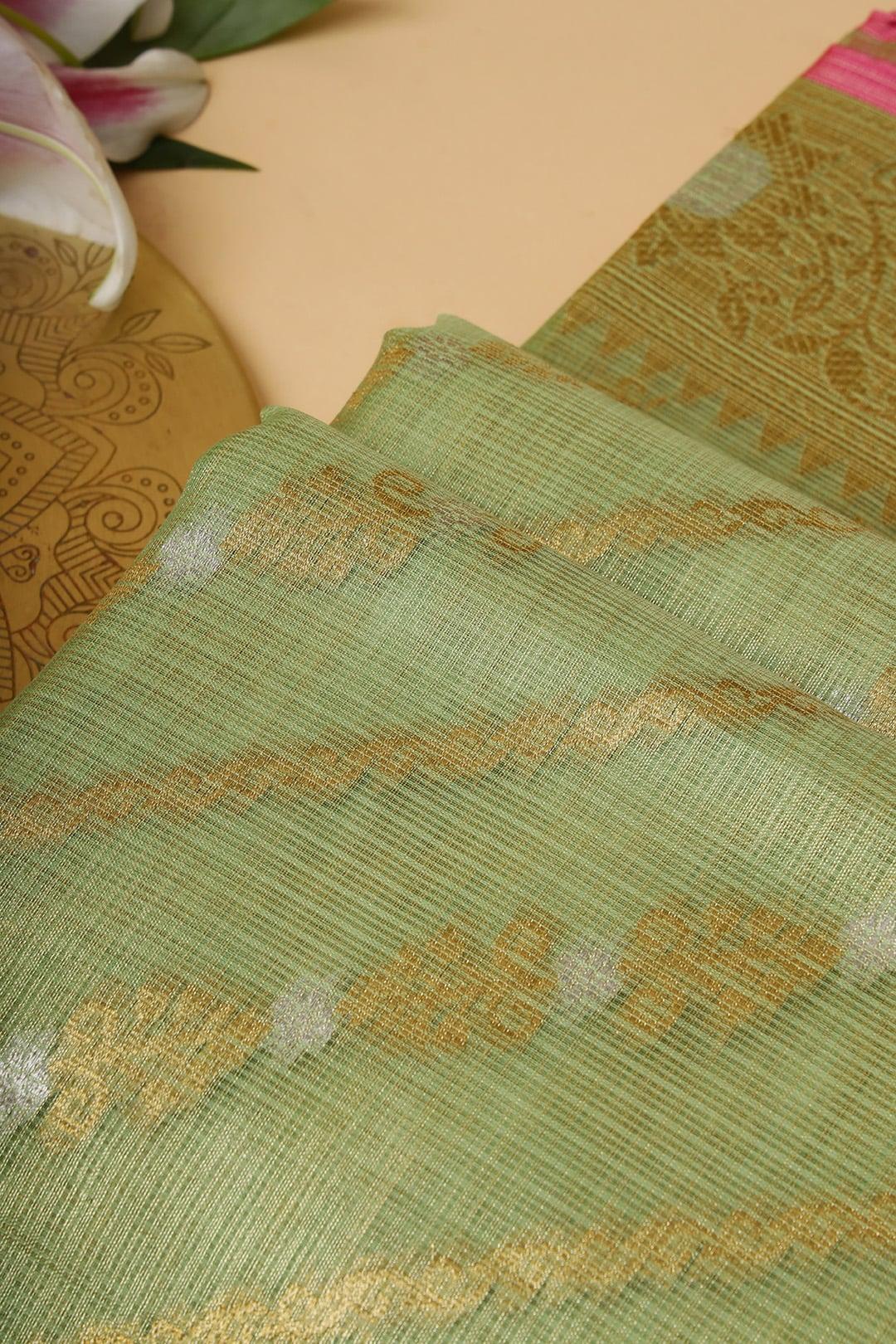 Semi Chanderi in Green and pink gold zari 4 - Green and Pink gold zari Semi Chanderi saree