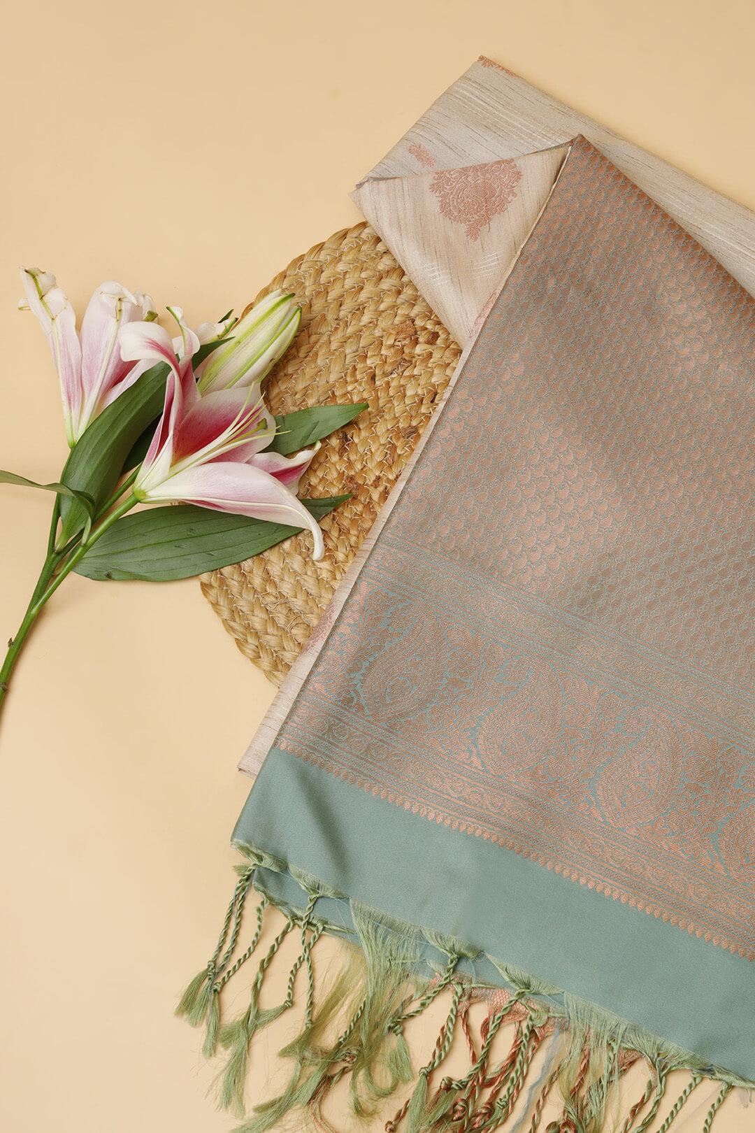 Semi Tussar silk saree in Ivory and bronze pallu 4 - Ivory with Bronze pallu Semi Tussar saree