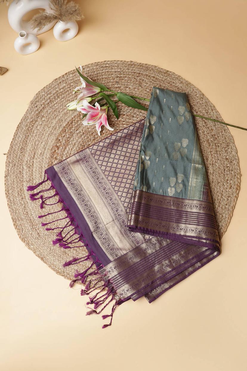 Semi Tussar silk saree in Dark Grey and Purple pallu - Dark grey with purple pallu handcrafted saree