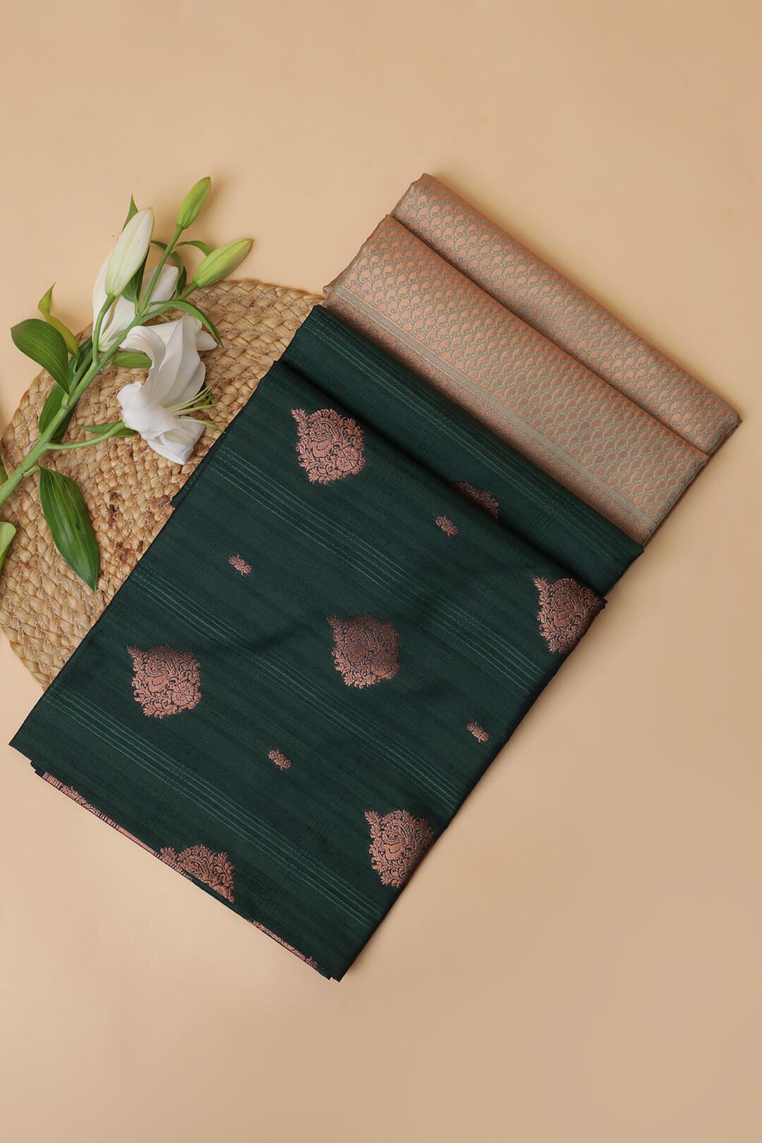 Semi Tussar silk saree in Dark Green and Sea Green bronze zari pallu 5 - Dark Green with sea green bronze pallu Semi Tussar saree