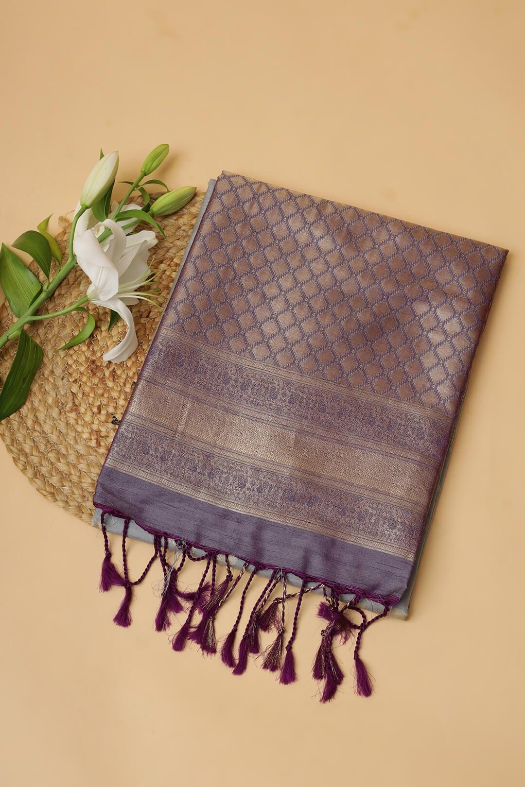 Semi Tussar silk saree in Ash Grey and Purple pallu view 1 - Ash grey with purple pallu Semi Tussar saree