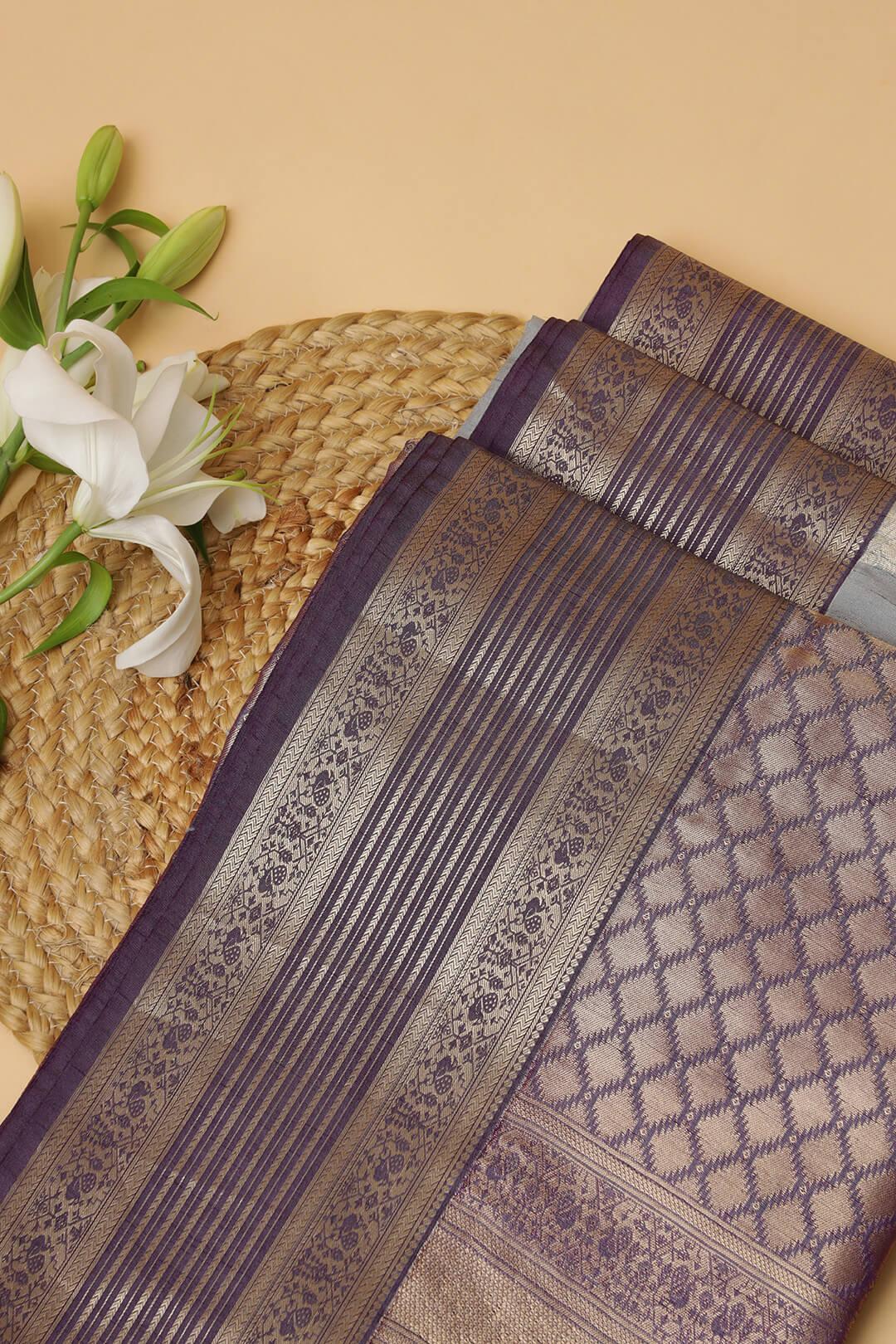 Semi Tussar silk saree in Ash Grey and Purple pallu 3 - Ash grey with purple pallu Semi Tussar saree