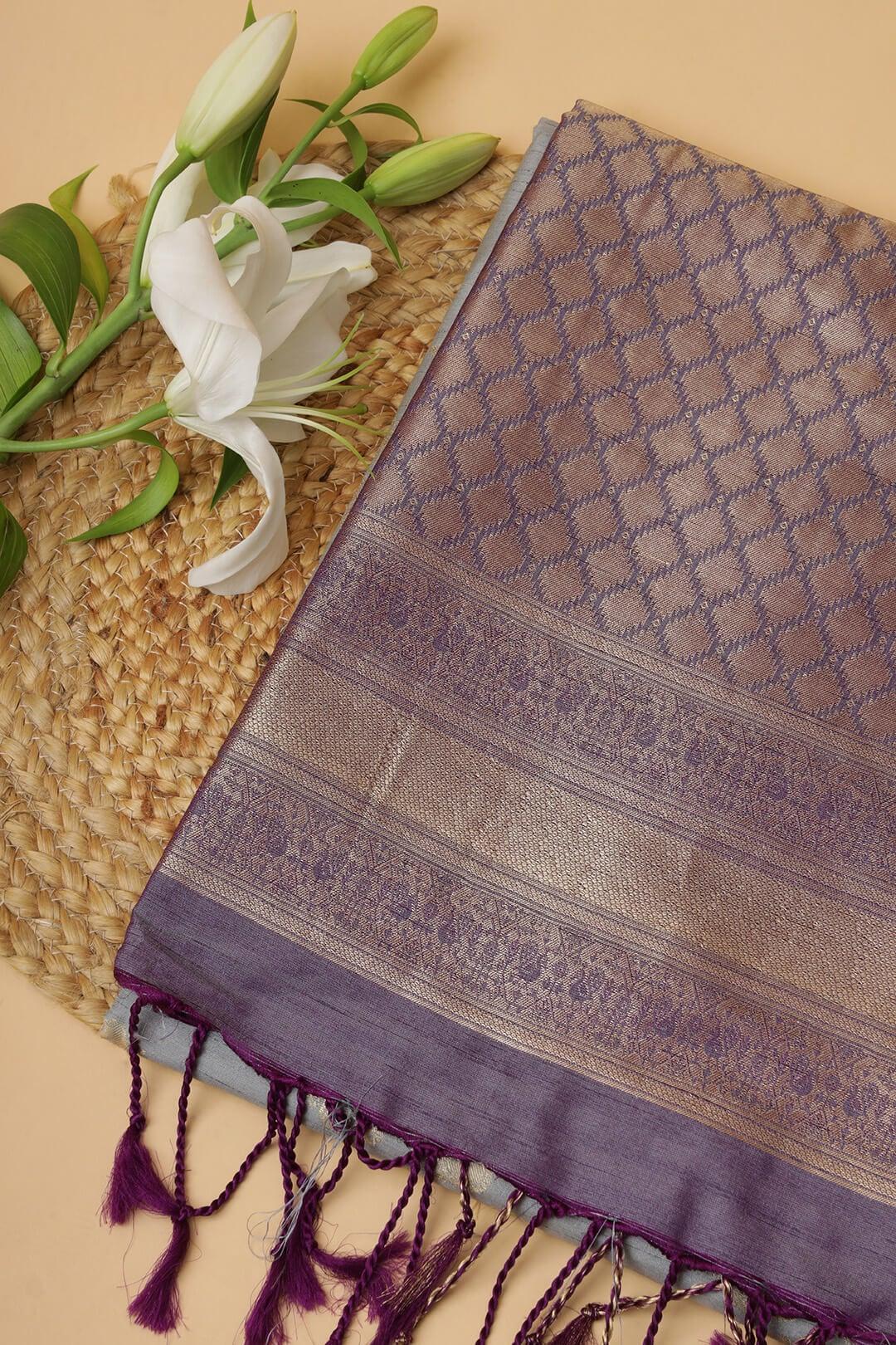 Semi Tussar silk saree in Ash Grey and Purple pallu 2 - Ash grey with purple pallu Semi Tussar saree