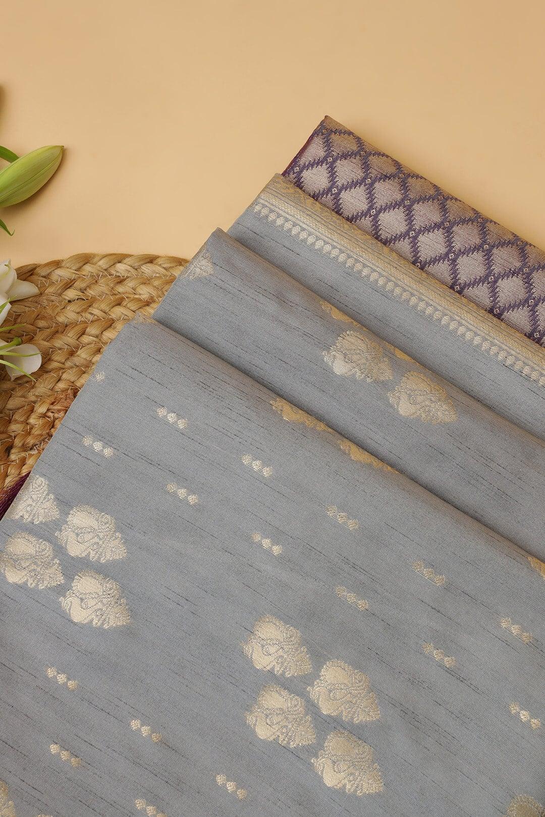 Semi Tussar silk saree in Ash Grey and Purple pallu 6 - Ash grey with purple pallu Semi Tussar saree