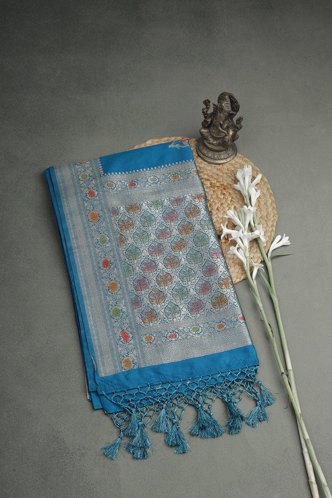 Semi Katan Silk Saree in Blue 4 - Blue Semi Katan saree