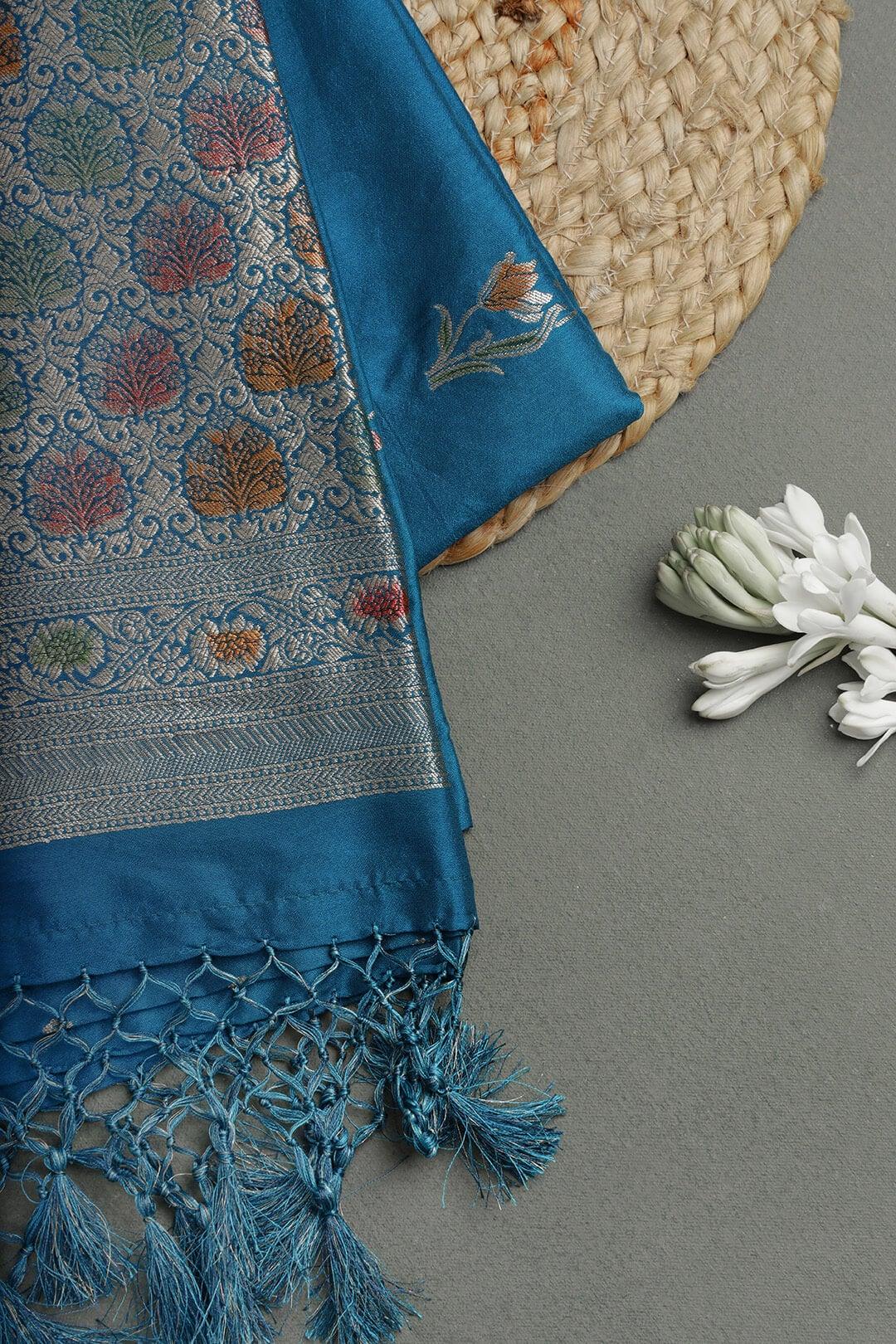 Semi Katan Silk Saree in Blue view 6 - Blue Semi Katan saree