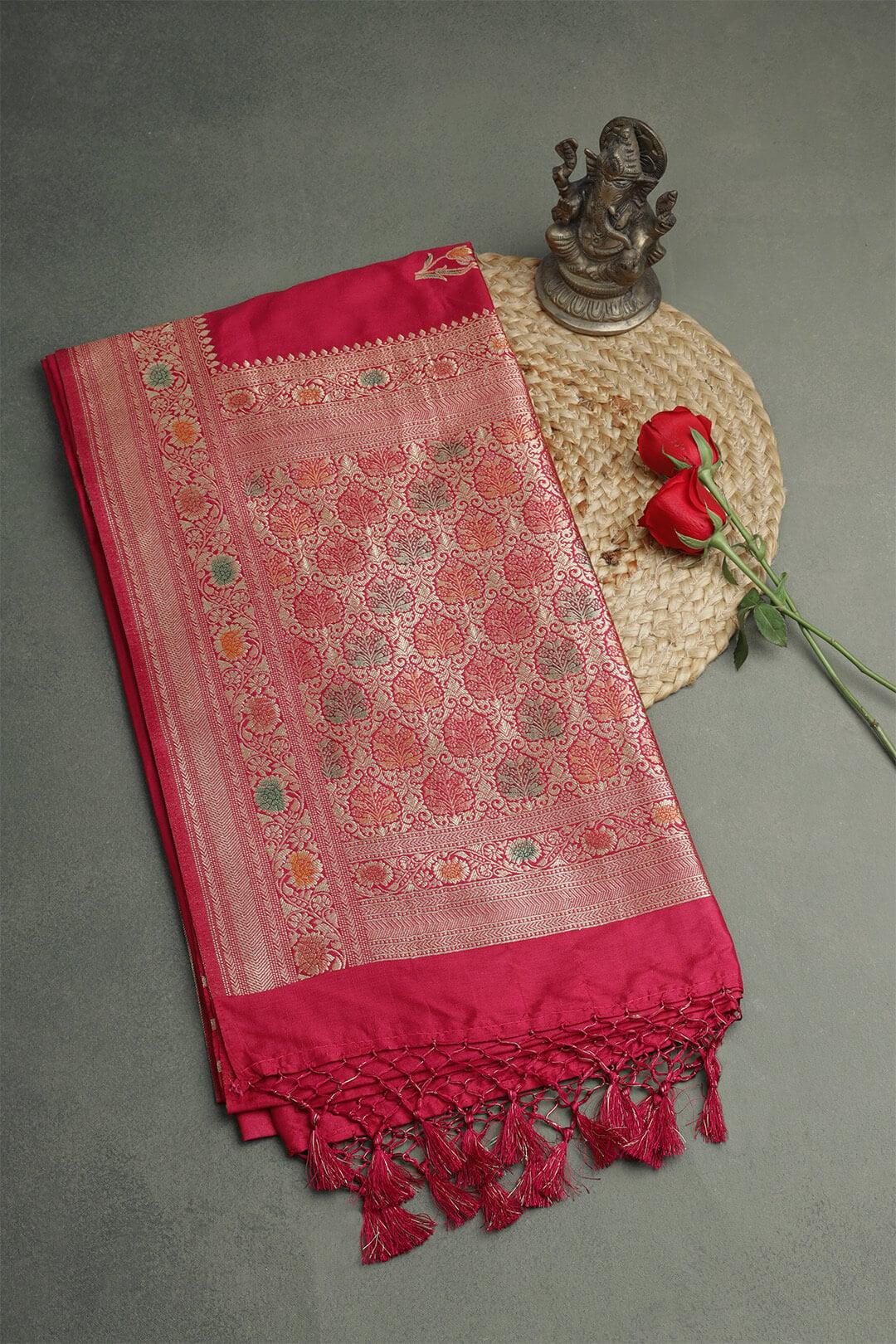 Semi Katan Silk Saree in Red view 2 - Red Semi Katan saree