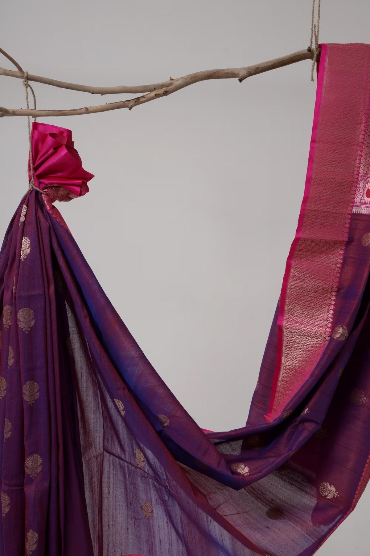 Handloom Tussar Banarasi in Purple and pink with Meenakari view 6 - Purple an Pink Tussar silk saree