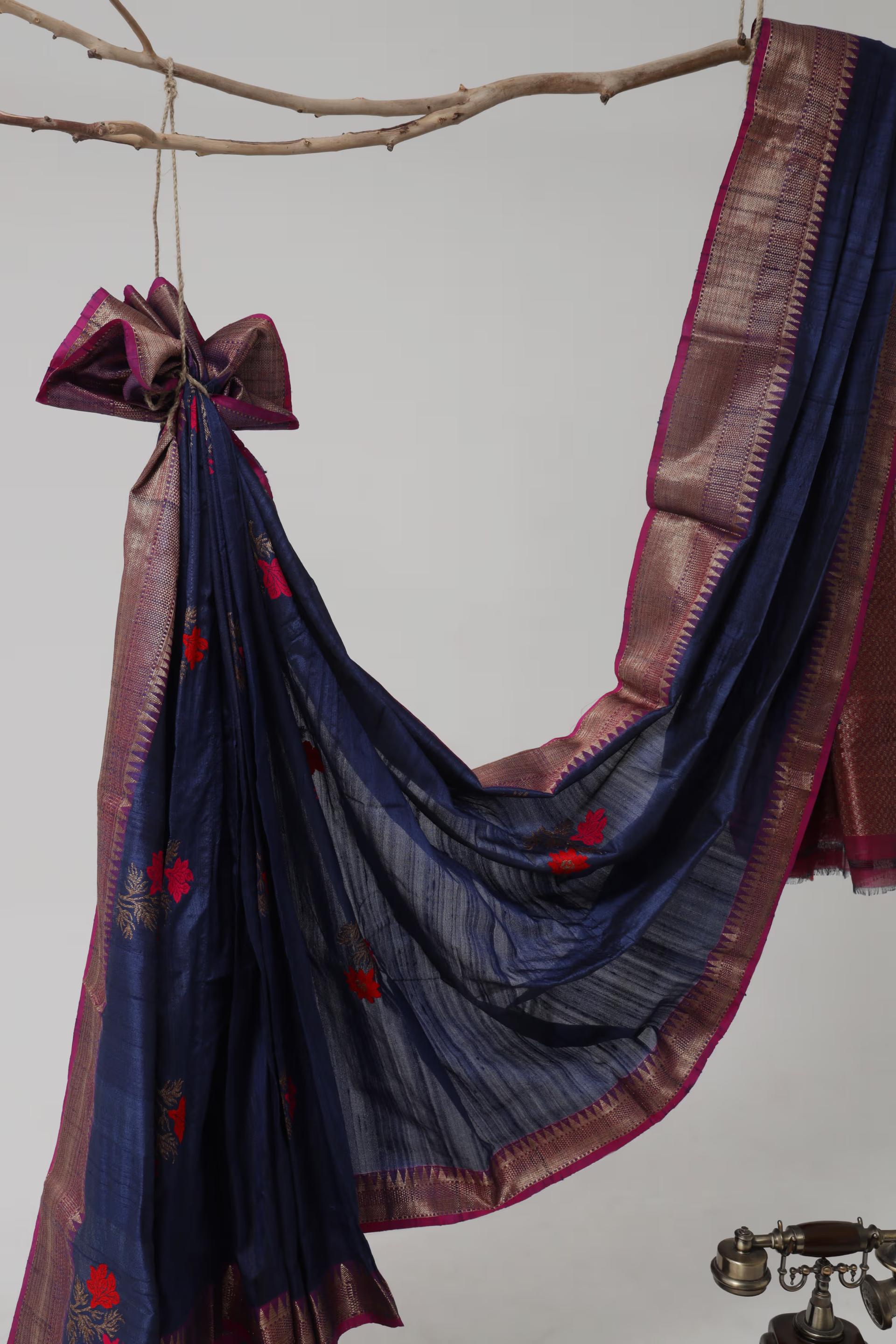 Handloom Tussar Banarasi in Indigo Blue and Pink with Meenakari 3 - Indigo Blue and Pink Tussar silk saree