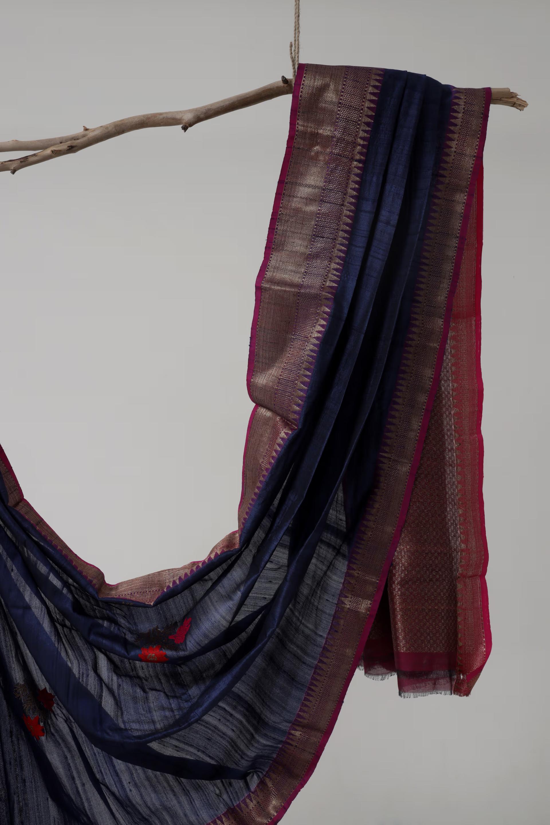 Handloom Tussar Banarasi in Indigo Blue and Pink with Meenakari 2 - Indigo Blue and Pink Tussar silk saree