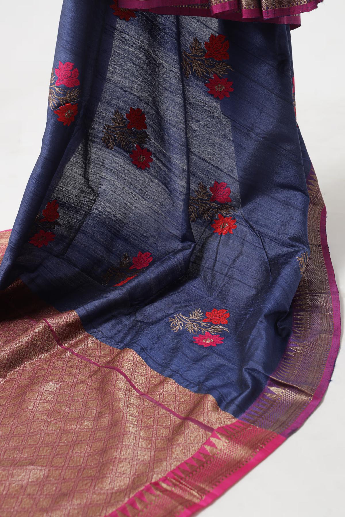 Handloom Tussar Banarasi in Indigo Blue and Pink with Meenakari view 5 - Indigo Blue and Pink Tussar silk saree