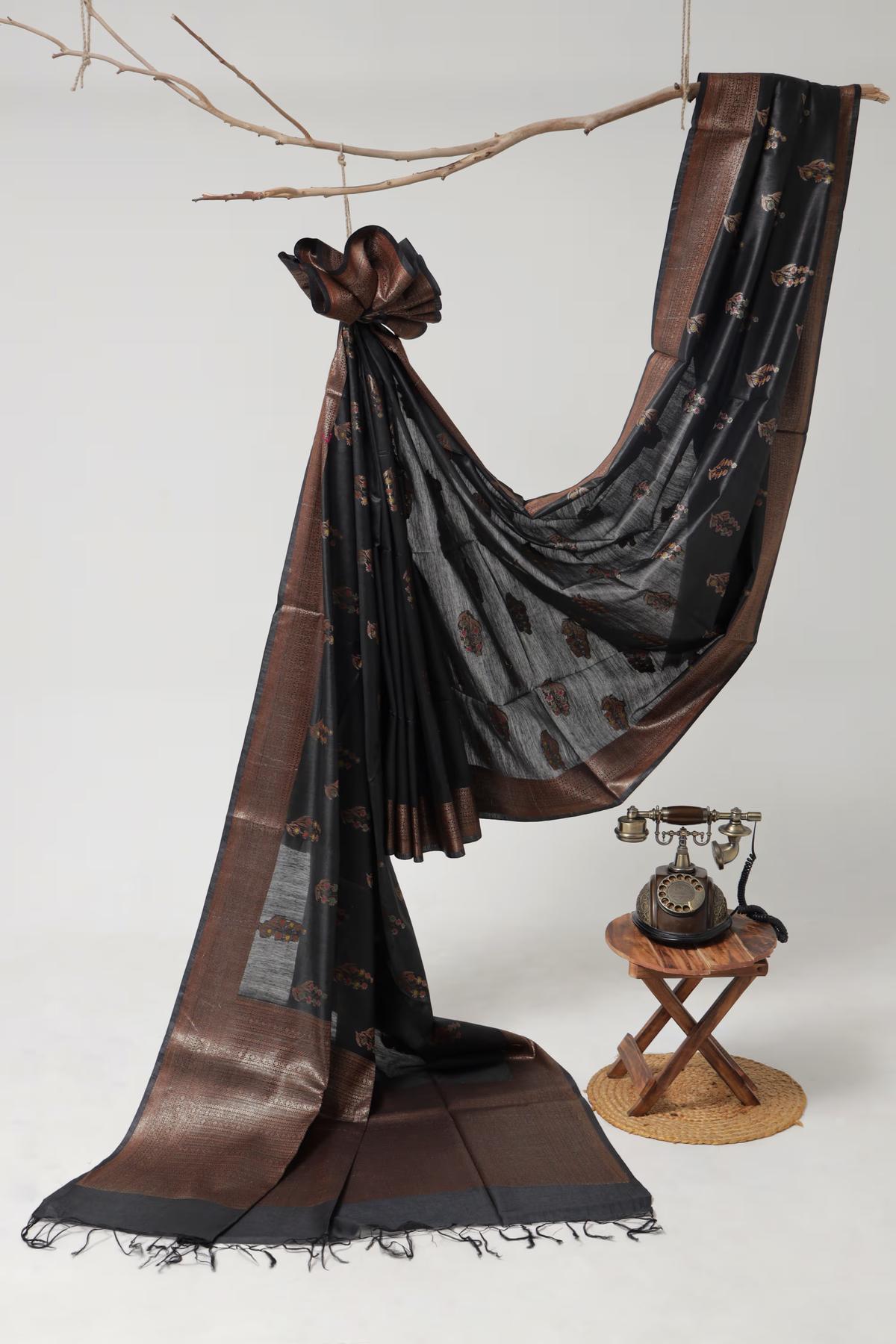 Handloom Tussar Banarasi in Black with Meenakari view 2 - Black Tussar silk saree