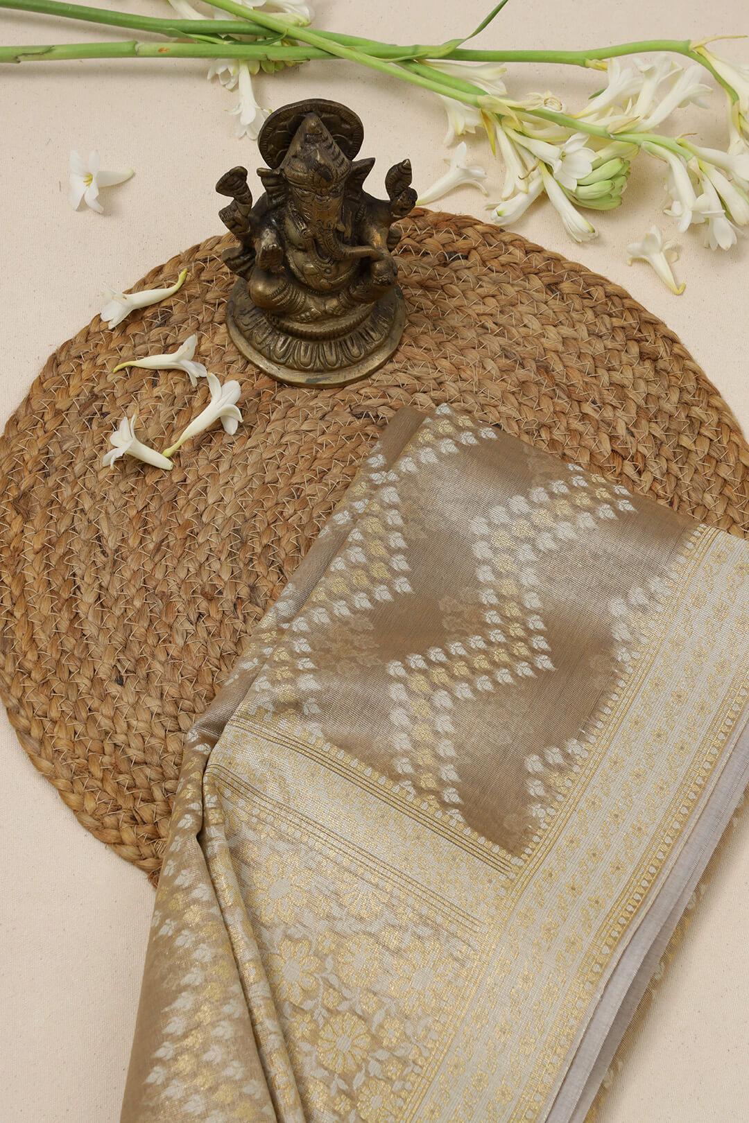 Semi kora tissue saree in brown view 3 - Brown Semi Kora Tissue saree