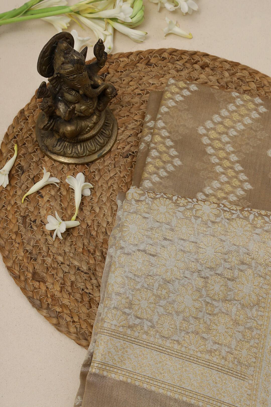 Semi kora tissue saree in brown view 4 - Brown Semi Kora Tissue saree