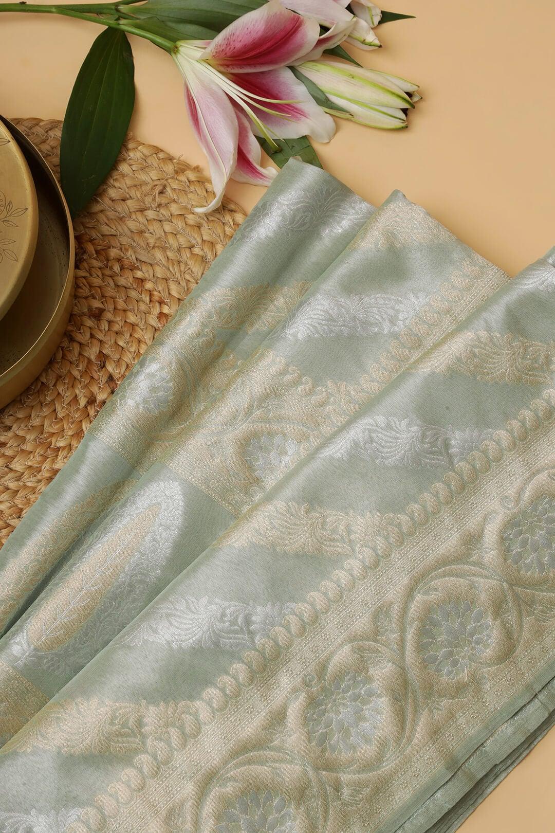 Semi Kora Tissue silk saree in pastel green with gold and silver zari view 6 - Pastel green with gold and solver zari Semi Kora Tissue saree