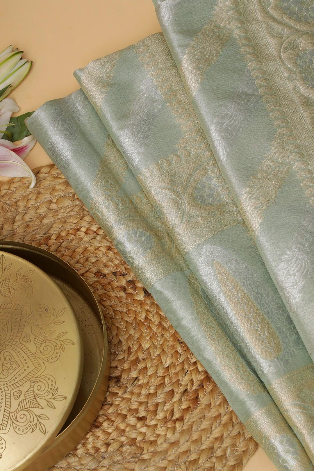 Semi Kora Tissue silk saree in pastel green with gold and silver zari view 5 - Pastel green with gold and solver zari Semi Kora Tissue saree