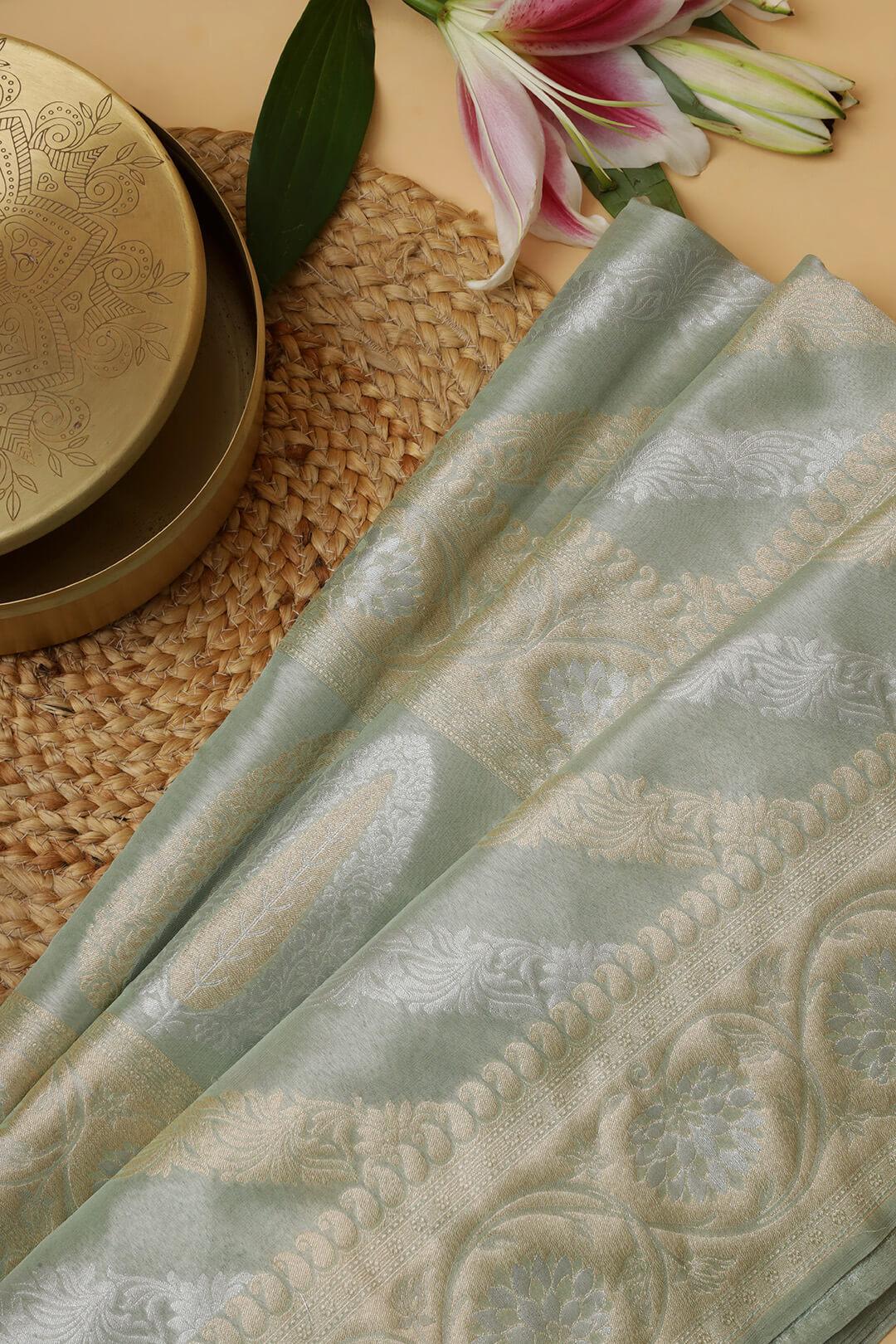 Semi Kora Tissue silk saree in pastel green with gold and silver zari 3 - Pastel green with gold and solver zari Semi Kora Tissue saree