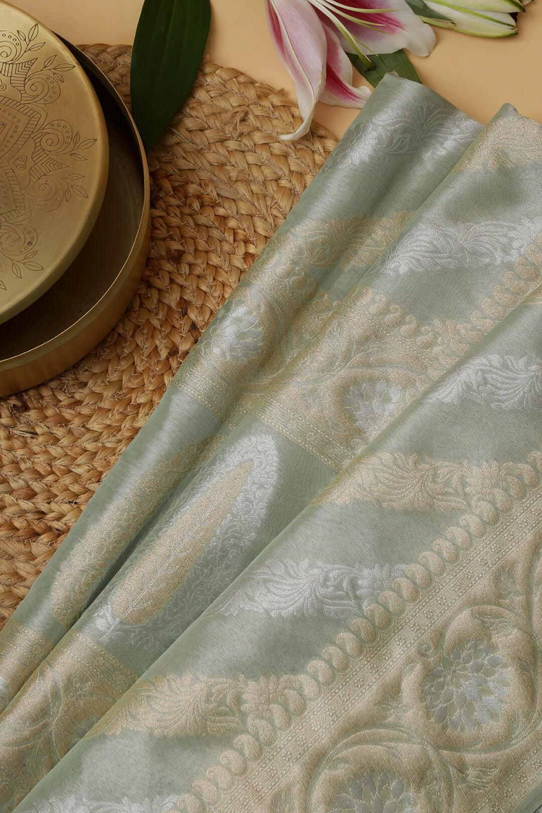 Semi Kora Tissue silk saree in pastel green with gold and silver zari view 4 - Pastel green with gold and solver zari Semi Kora Tissue saree