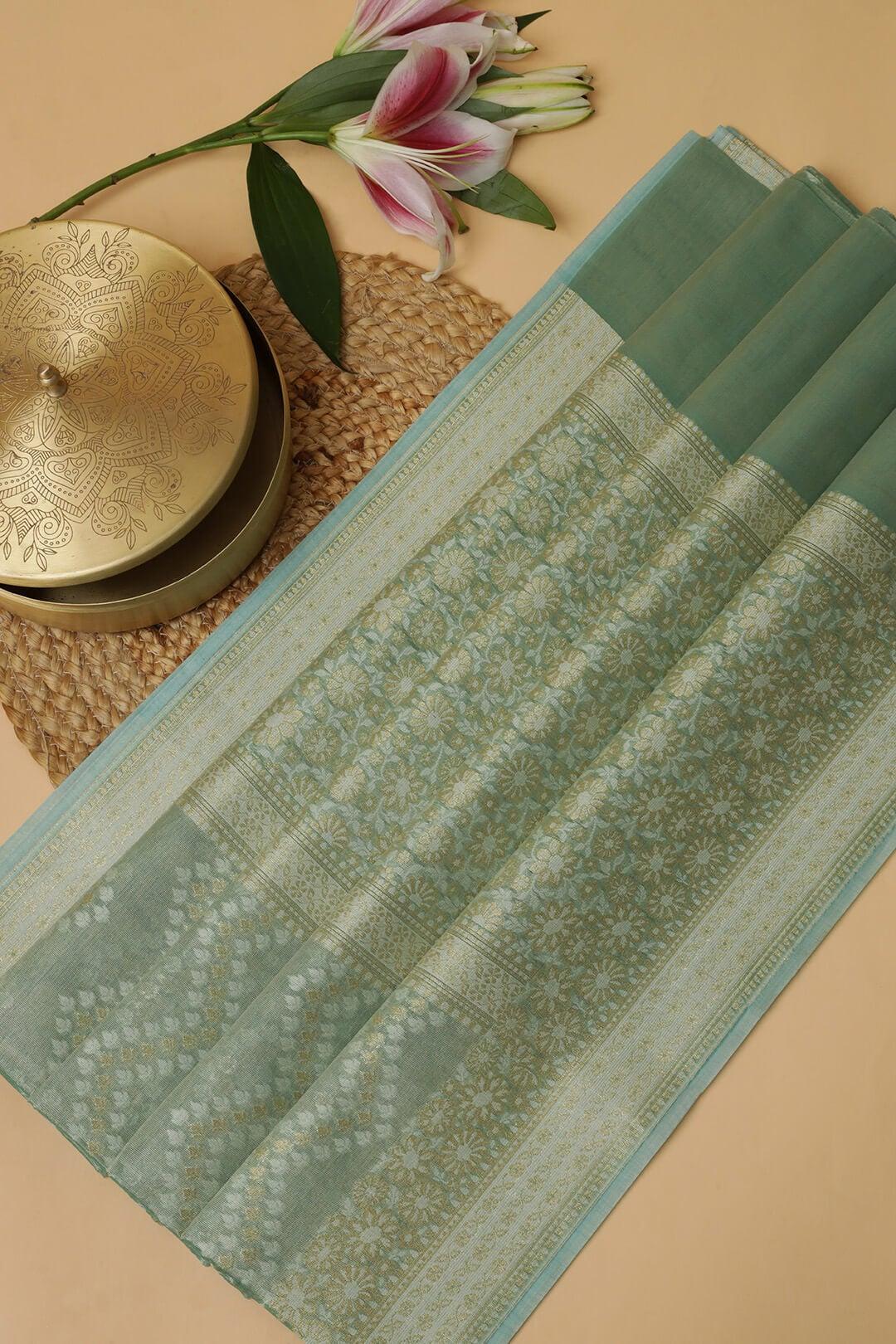 Semi Kora Tissue Saree in Teal 7 - Teal Semi Kora Tissue saree