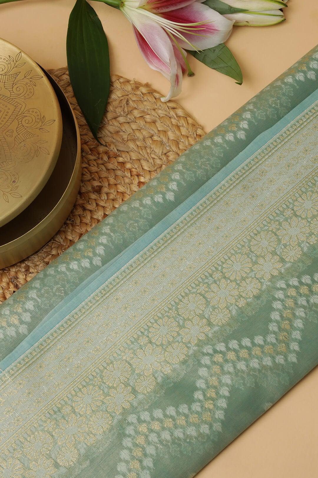 Semi Kora Tissue Saree in Teal view 2 - Teal Semi Kora Tissue saree