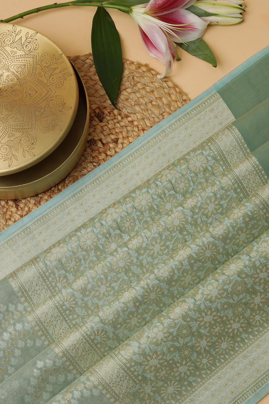 Semi Kora Tissue Saree in Teal 6 - Teal Semi Kora Tissue saree