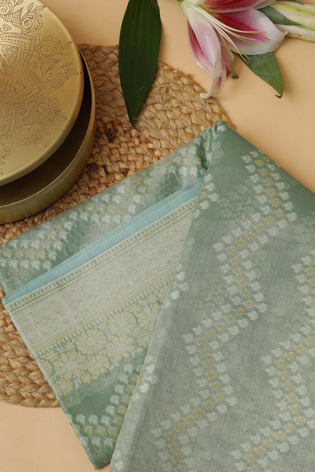 Semi Kora Tissue Saree in Teal view 4 - Teal Semi Kora Tissue saree