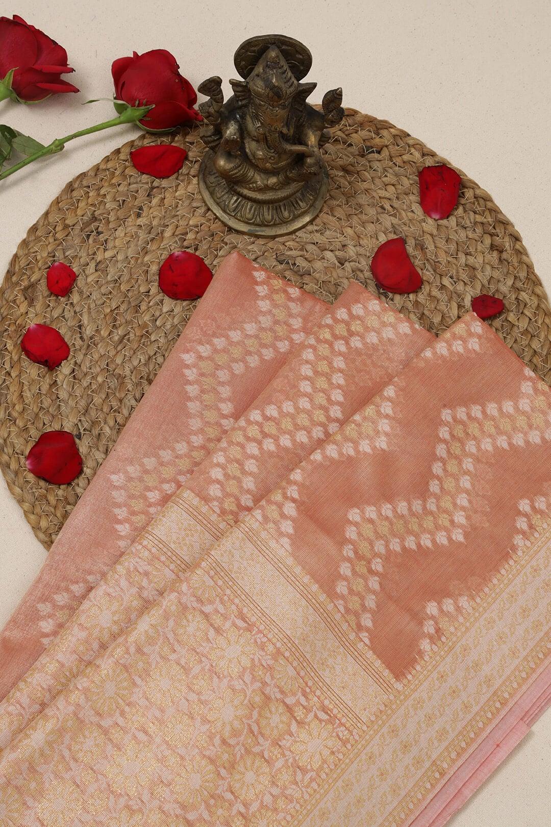Semi Kora Tissue silk saree in Peach 3 - Peach Semi Kora Tissue saree