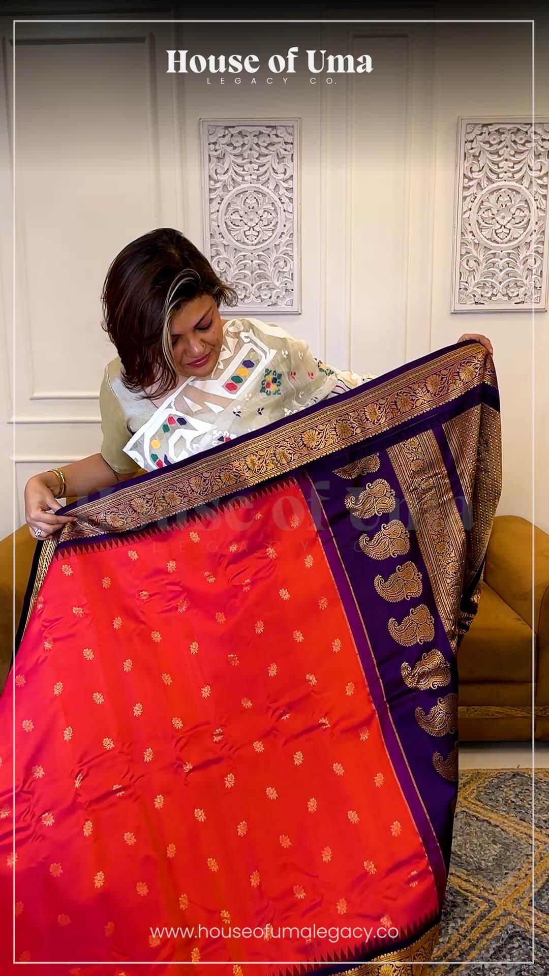 Handloom Pure Silk Gadwal in Dual Tone Pink & Orange 2 - Dual tone Pink & Orange Pure silk Gadwal saree