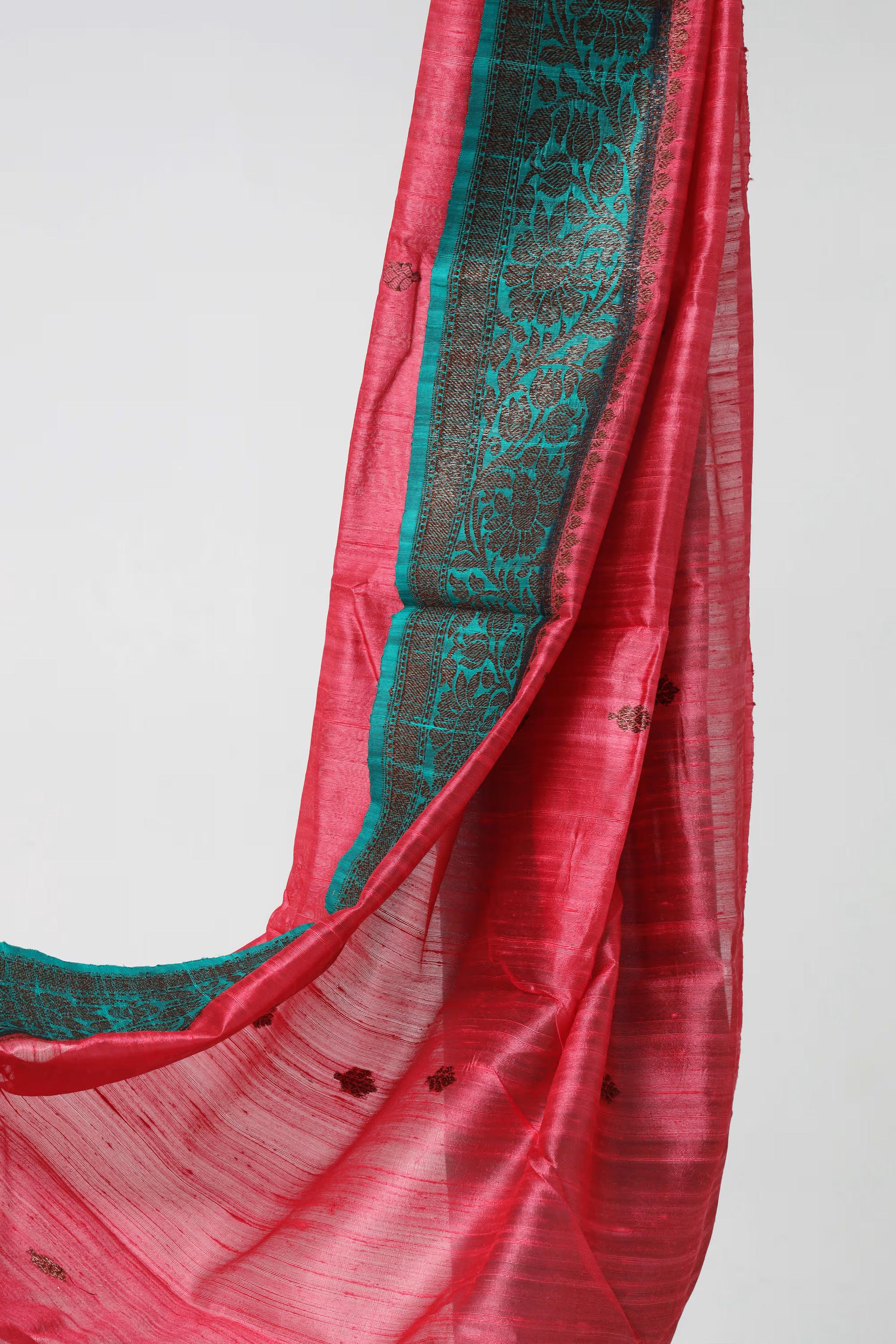 Handloom Tussar Banarasi in Pink and Turqoise Blue 4 - Pink and Turquoise blue Tussar silk saree
