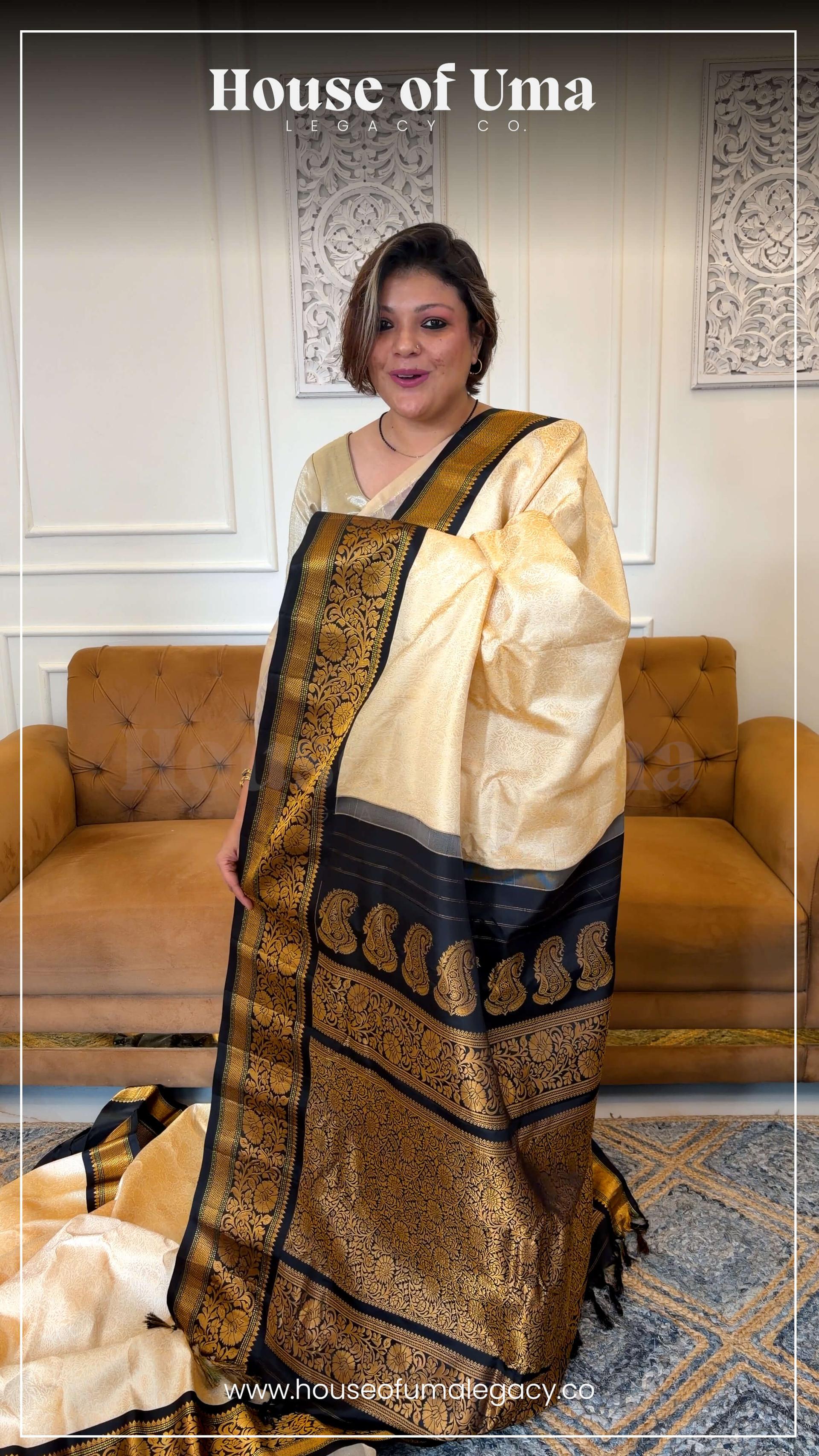 Handloom Pure Silk Gadwal in Gold Brocade on Cream and Black Zari Pallu 1 - Cream (Body) • Deep Black (Pallu) • Gold (Zari & Borders) Pure Silk Gadwal saree
