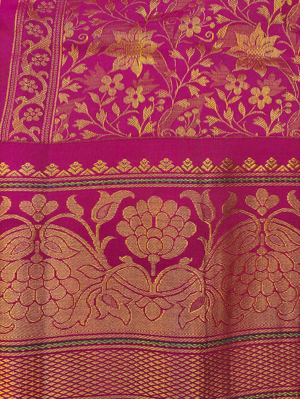 Handloom Pure Silk Gadwal in Gold Brocade on Sage Green and Rani Pink Pallu 3 - Sage Green (Body) • Rani Pink (Pallu) • Gold (Zari & Rani Pink Borders) Pure Silk Gadwal saree