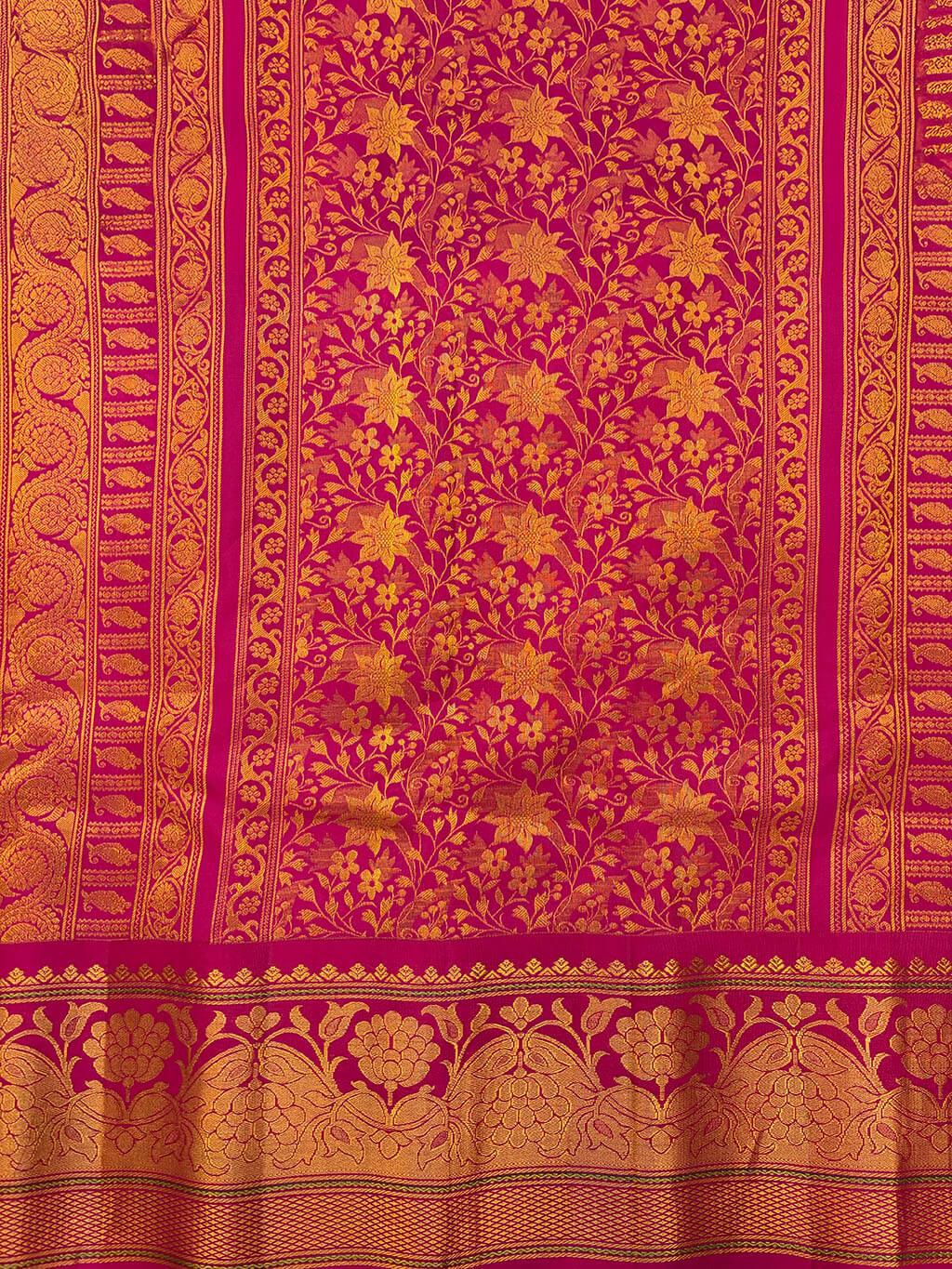 Handloom Pure Silk Gadwal in Gold Brocade on Sage Green and Rani Pink Pallu 2 - Sage Green (Body) • Rani Pink (Pallu) • Gold (Zari & Rani Pink Borders) Pure Silk Gadwal saree