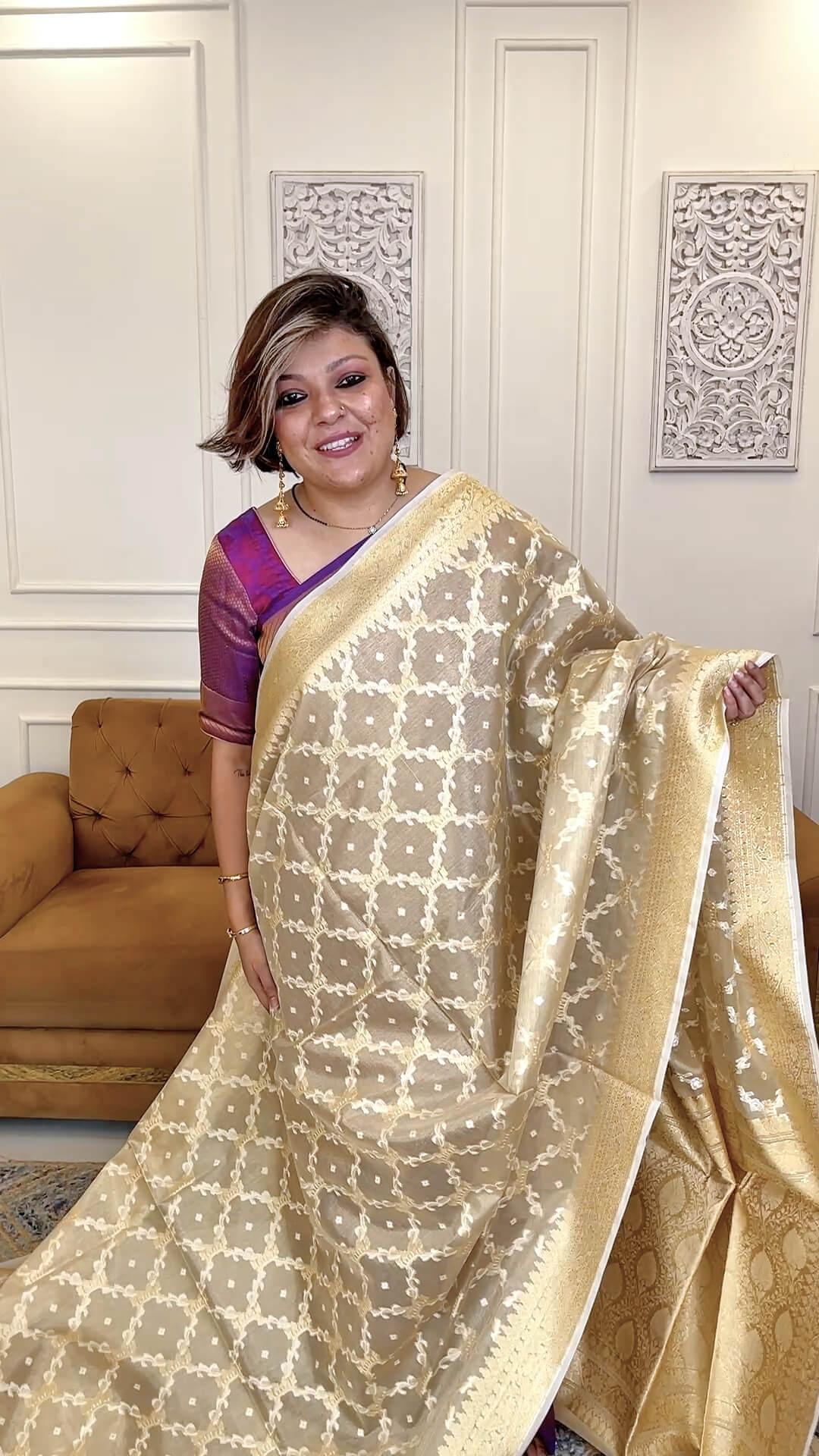 Semi Kora Tissue Silk saree in Pastel Beige view 1 - Beige Semi silk saree