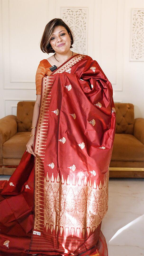 Handloom Pure Katan Silk in Deep Maroon - Deep Maroon handcrafted saree