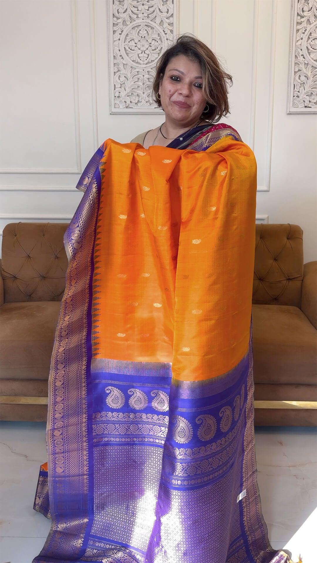 Handloom Pure Silk Gadwal in Orange and Royal Blue Pallu view 1 - Orange and Royal Blue Pure Silk Gadwal saree