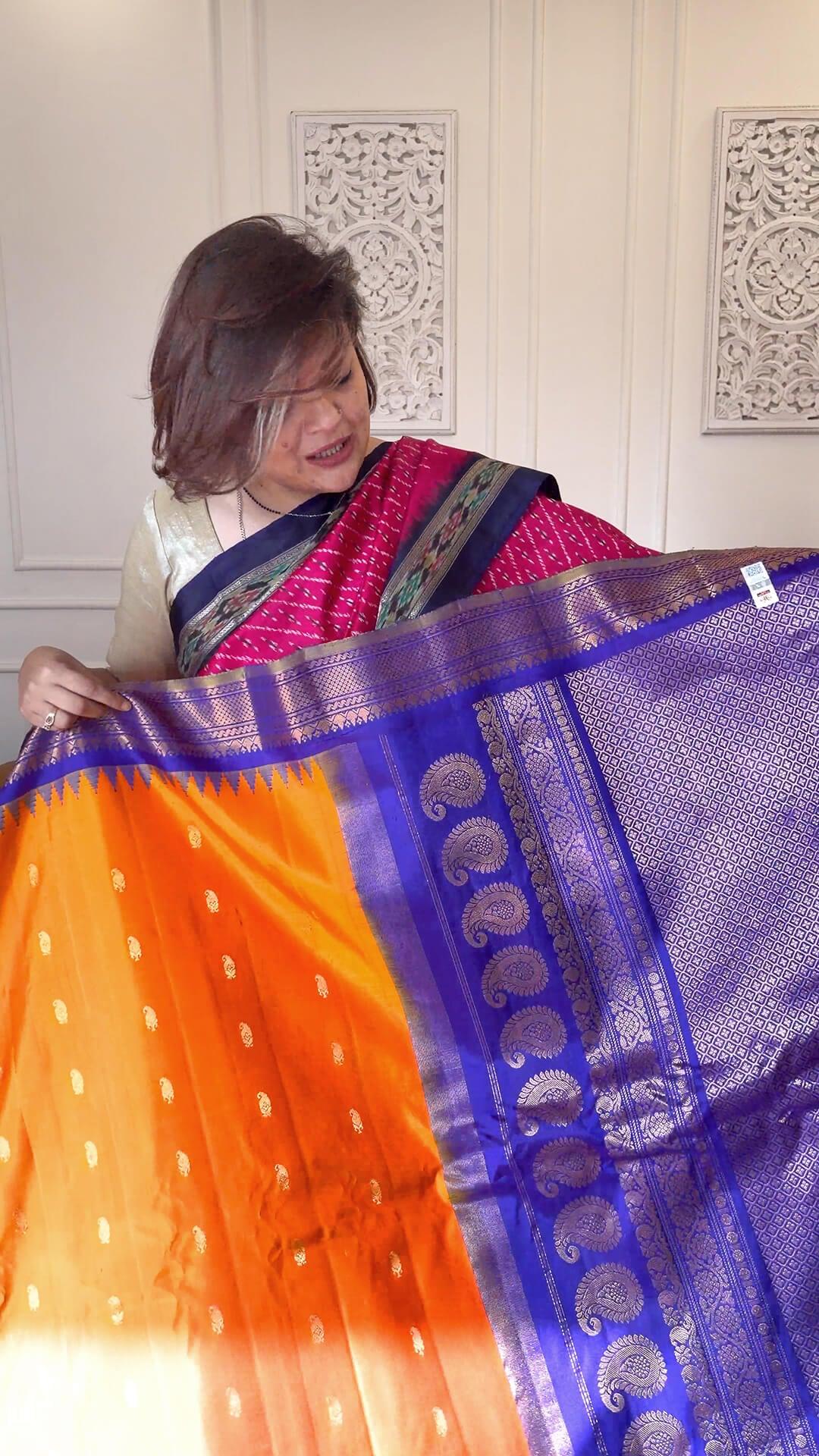 Handloom Pure Silk Gadwal in Orange and Royal Blue Pallu view 4 - Orange and Royal Blue Pure Silk Gadwal saree