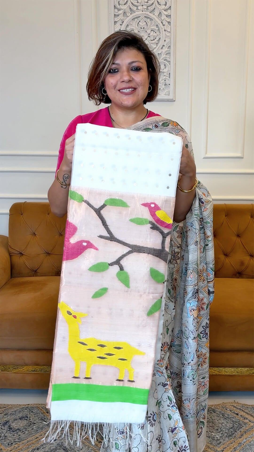 Handloom Pure Muslin silk Jamdani in Off White saree 2 - Off White Muslin silk saree