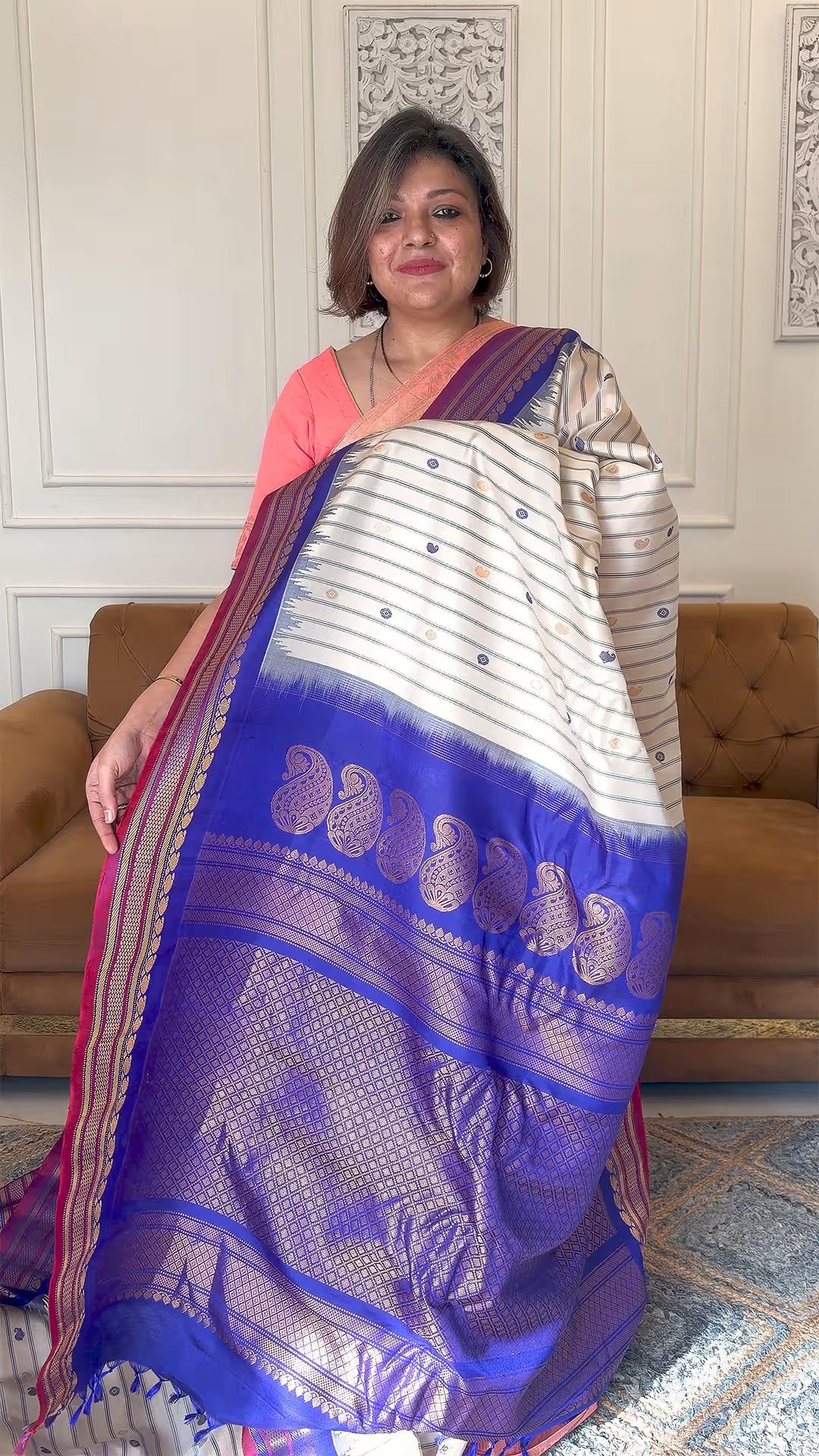 Handloom Pure Silk Gadwal in Ivory and Royal Blue 1 - Ivory and Royal Blue Pure Silk saree